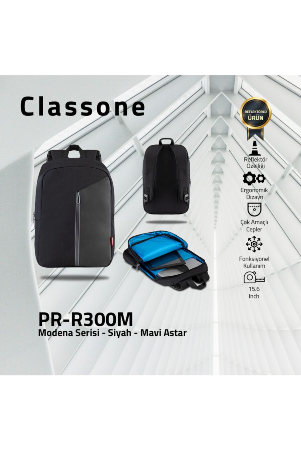 Classone Modena Pr-r300m 15.6 Inç Notebook, Laptop Sırt Çantası-siyah-mavi Astar