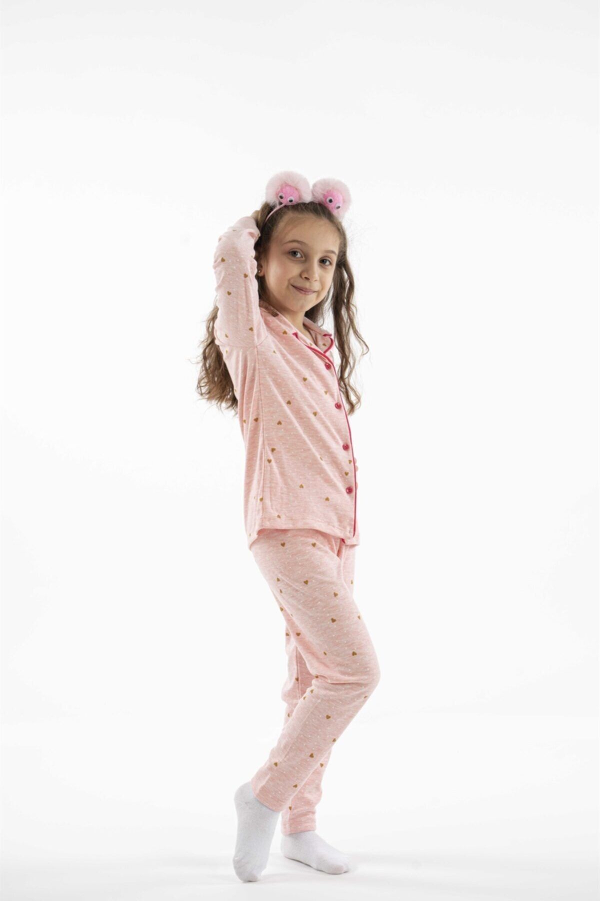 Minik Dolap Pembe Önden Düğmeli Çocuk Pijama Takımı