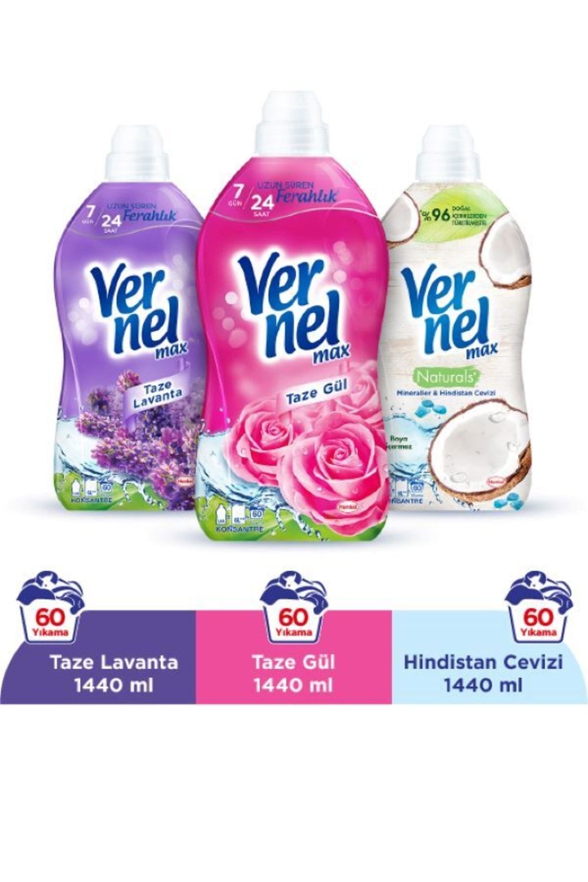 Vernel Max Konsantre Çamaşır Yumuşatıcısı 3 x 1440ml (180 Yıkama) Taze Gül +Taze Lavanta +Hindistan Cevizi