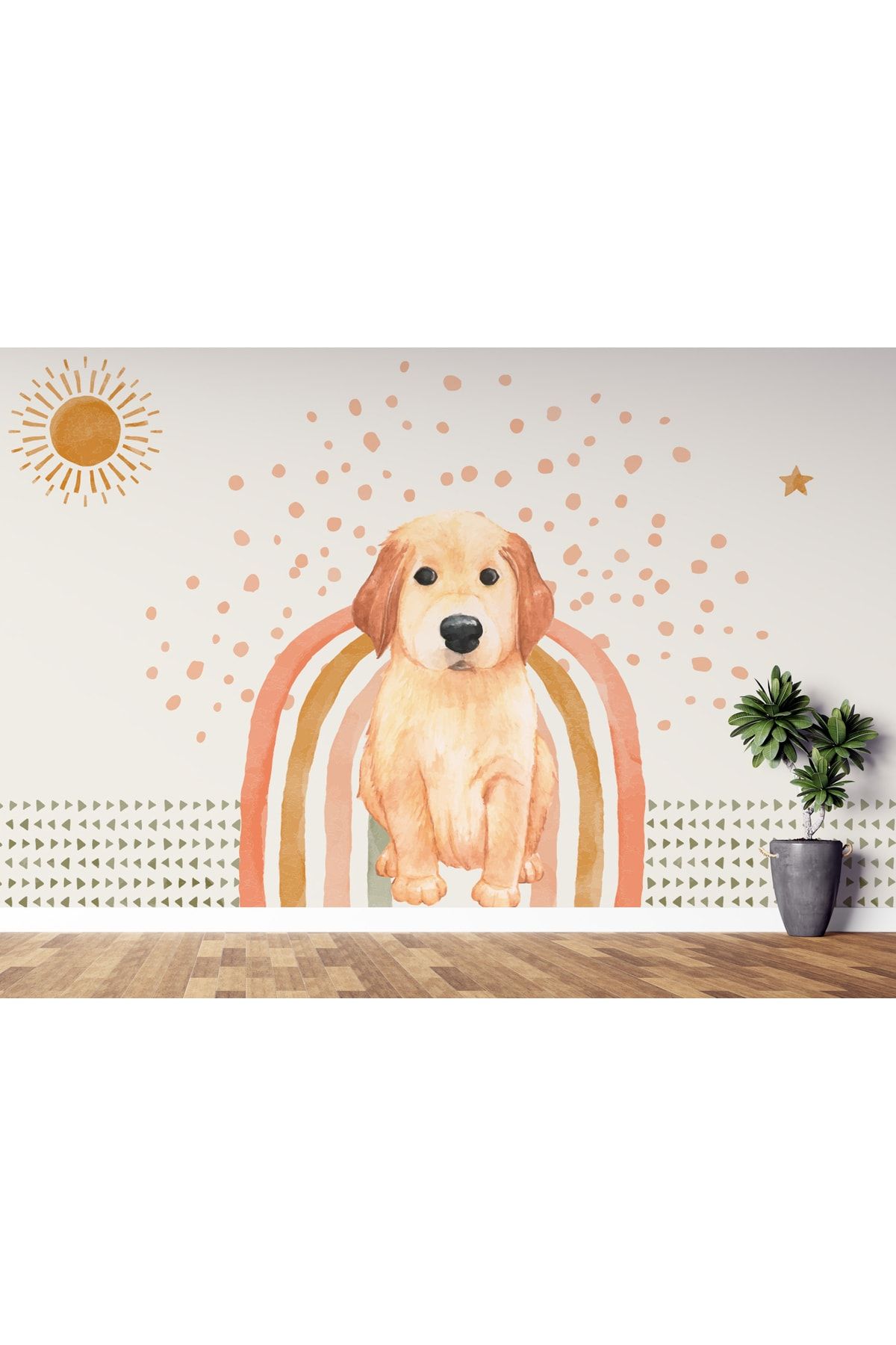 LOTUS AURA Pastel Renkli Gökkuşağı Ve Sevimli Köpekli Çocuk Odası Duvar Kağıdı,