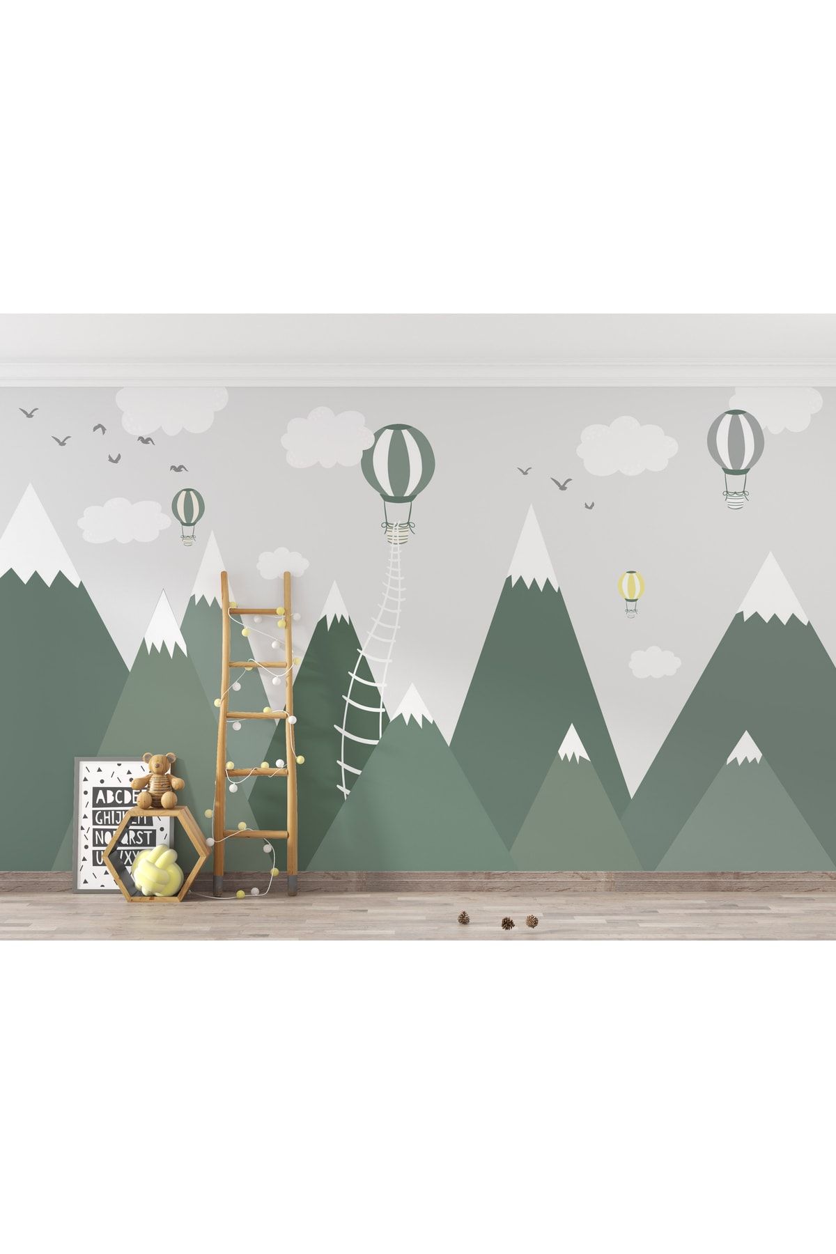 LOTUS AURA Balonlu Çoçuk Odası Duvar Kağıdı, Karlı Dağ Desenli Çocuk Odası Duvar Resmi