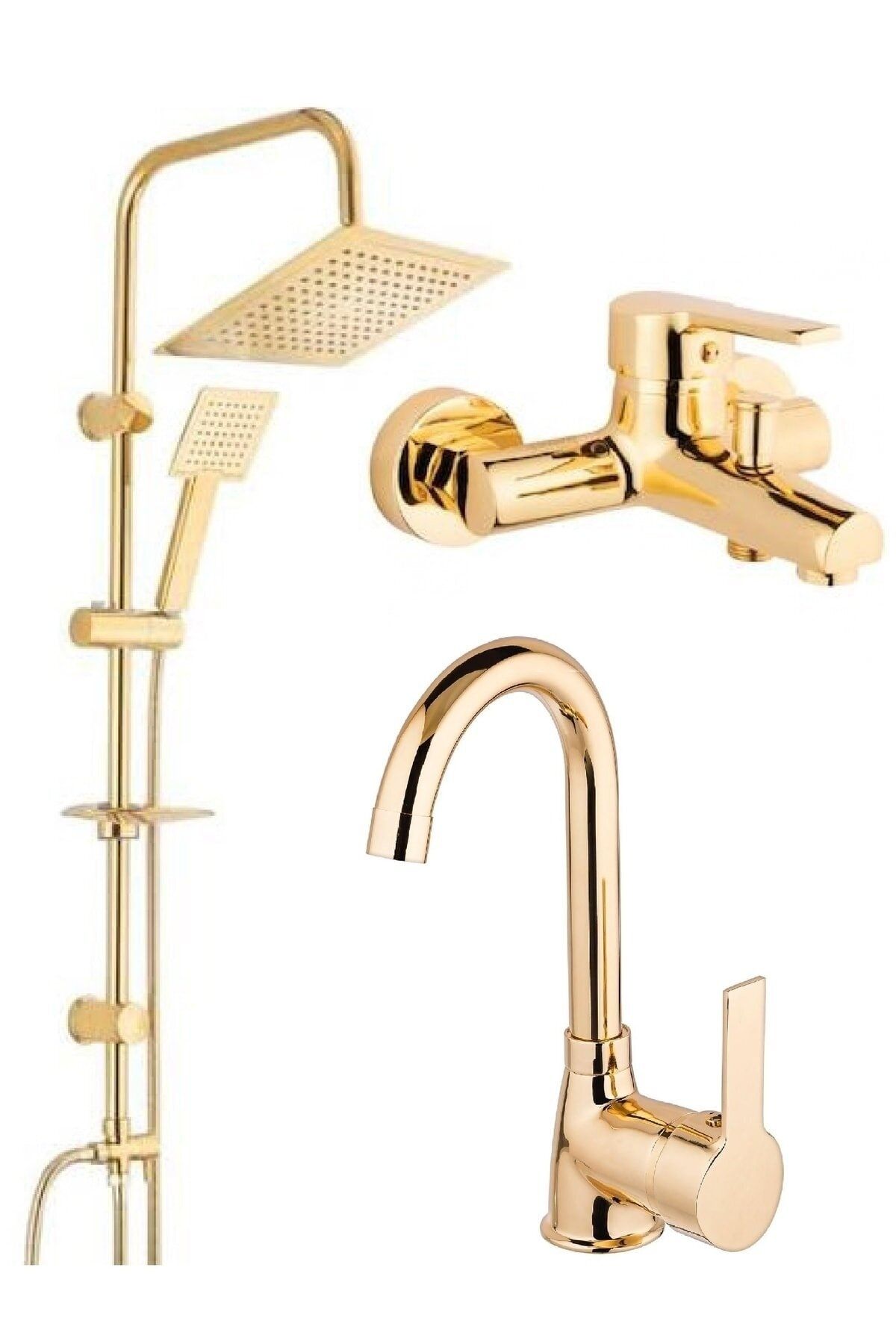 AYLA STAND Gold Altın Kare Robot Duş Seti, Lavabo Ve Banyo Bataryası Musluğu Çeşmesi 3'lü Set