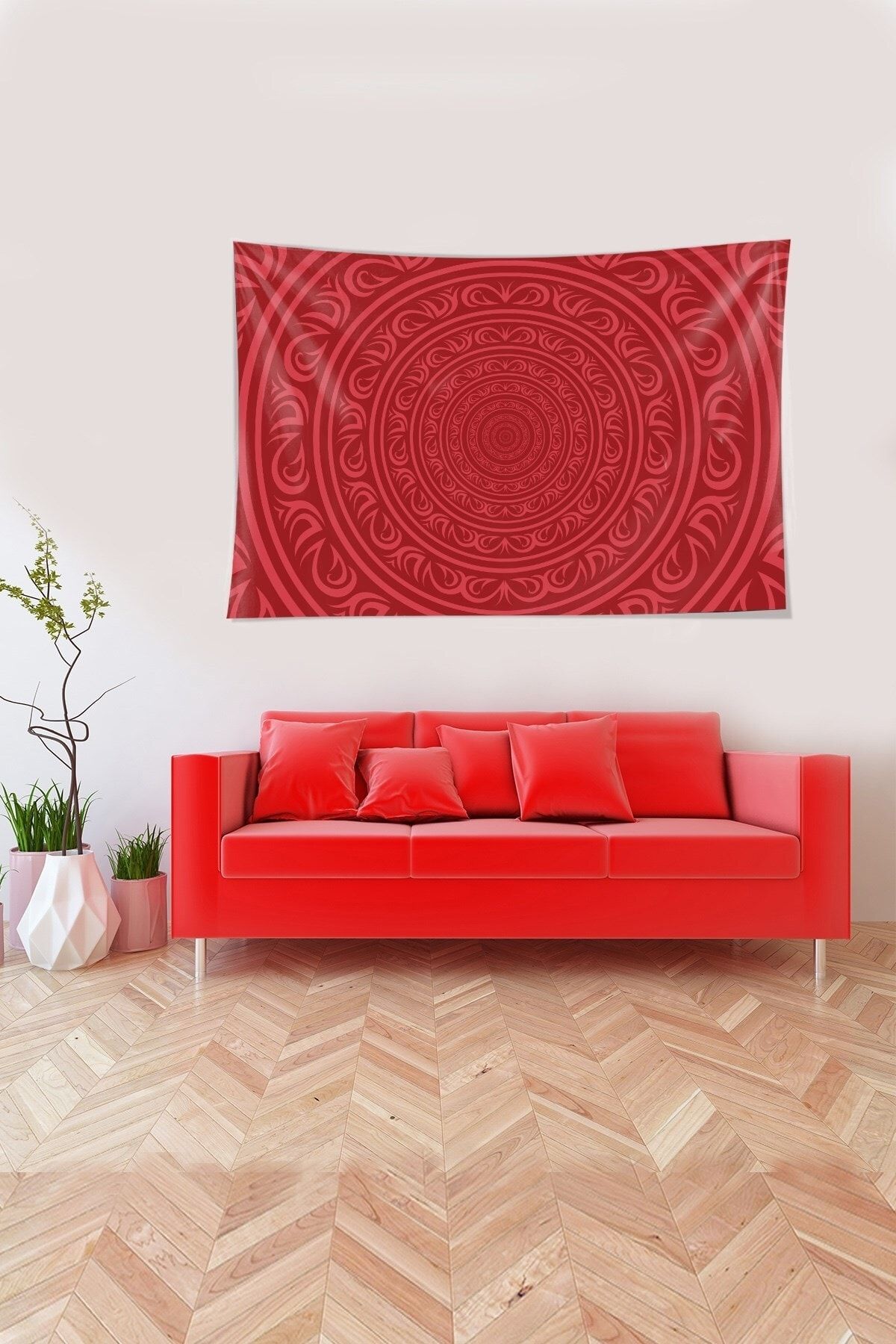 Latibule Kırmızı Halka Ve Figür Desenli Leke Tutmaz Kadife Kumaş Duvar Örtüsü Duvar Halısı Tapestry