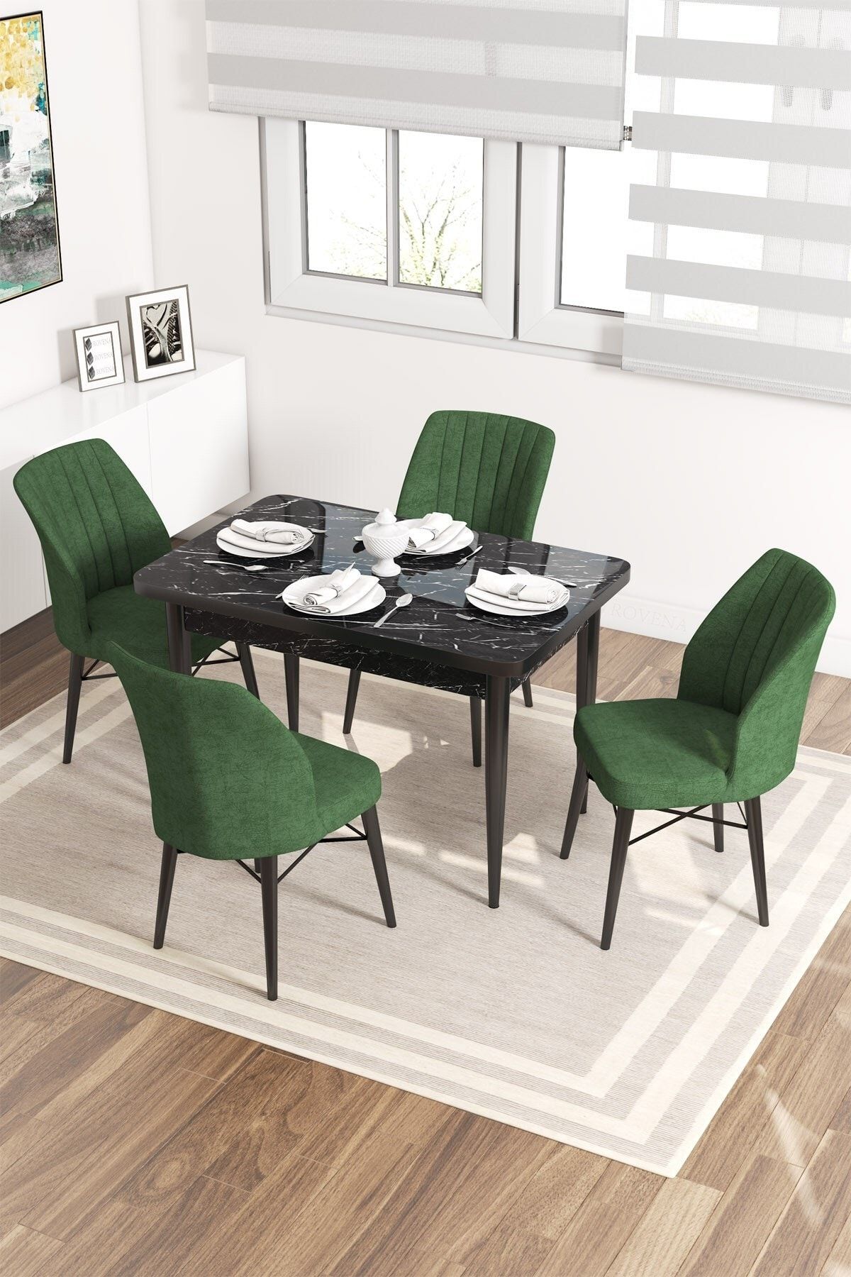 Rovena Neri Siyah Mermer Desen 70x110 Sabit Mutfak Masası 4 Sandalye