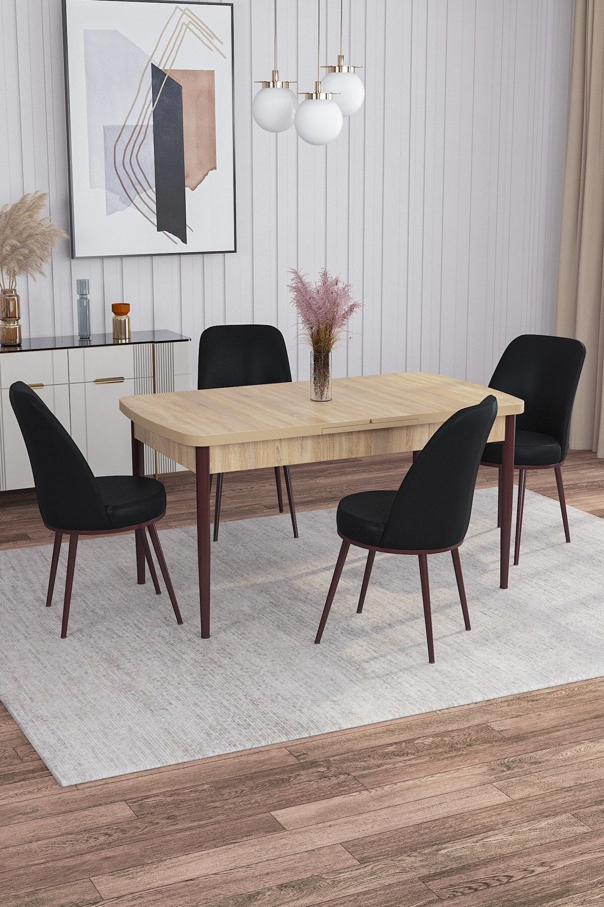 Rovena Marin Meşe Desen 80x132 Açılabilir Mutfak Masası Takımı 4 Adet Sandalye
