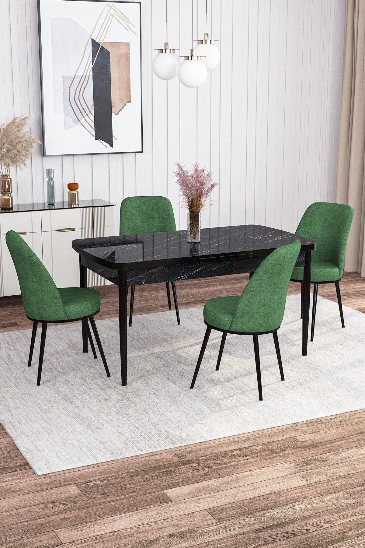 Rovena Marin Siyah Mermer Desen 80x132 Açılabilir Mutfak Masası Takımı 4 Sandalye