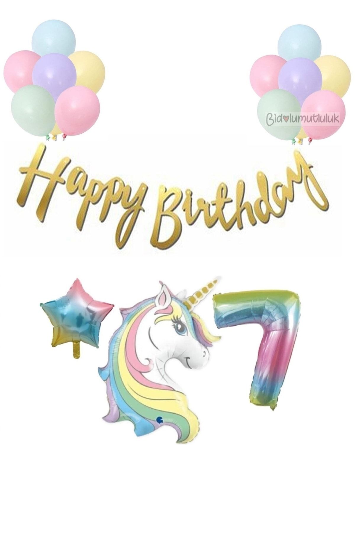 BİDOLUMUTLULUK Unicorn Balonlu Kaligrafi Happy Bırthday Yaş Balon Set