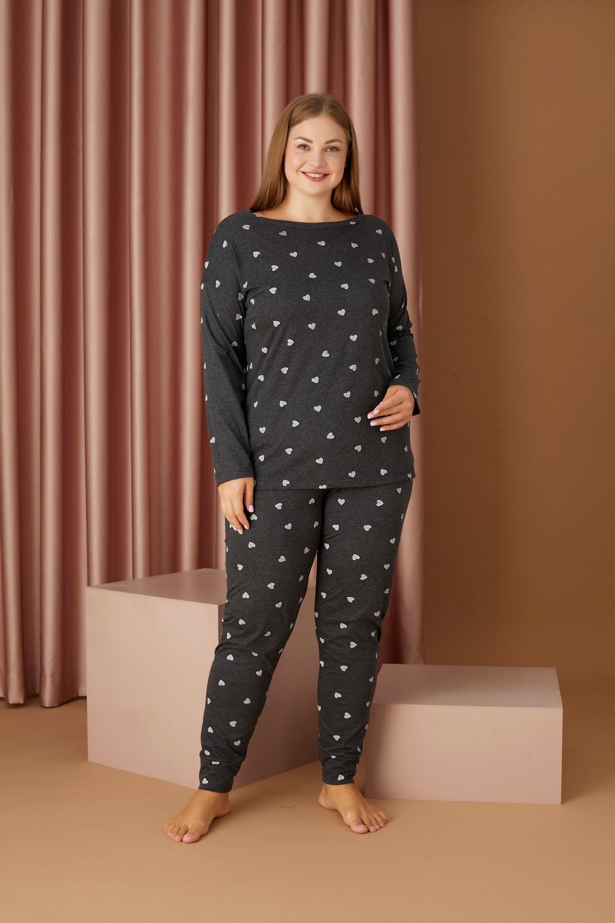 Siyah İnci Antrasit Büyük Beden Battal Pijama Takım