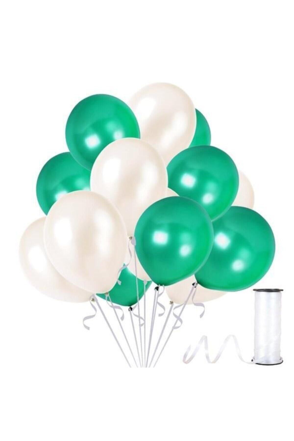 HKNYS 75 Adet Metalik Balon (koyu Yeşil - Beyaz )- Helyum Gazı Uyumludur.-5 Metre Balon Zıncırı Hediye