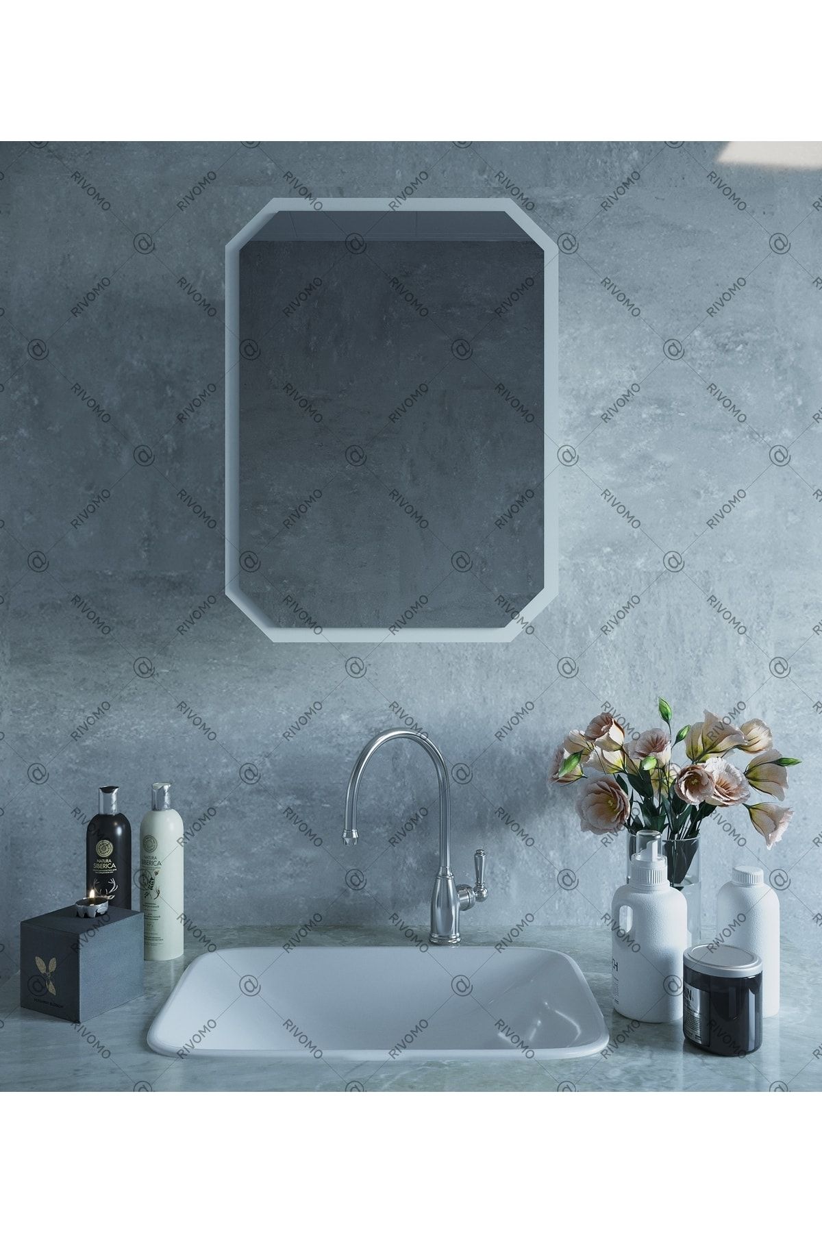 rivomo Beyaz Sekizgen Dekoratif Banyo Dolabı Aynalı Üst Modülü