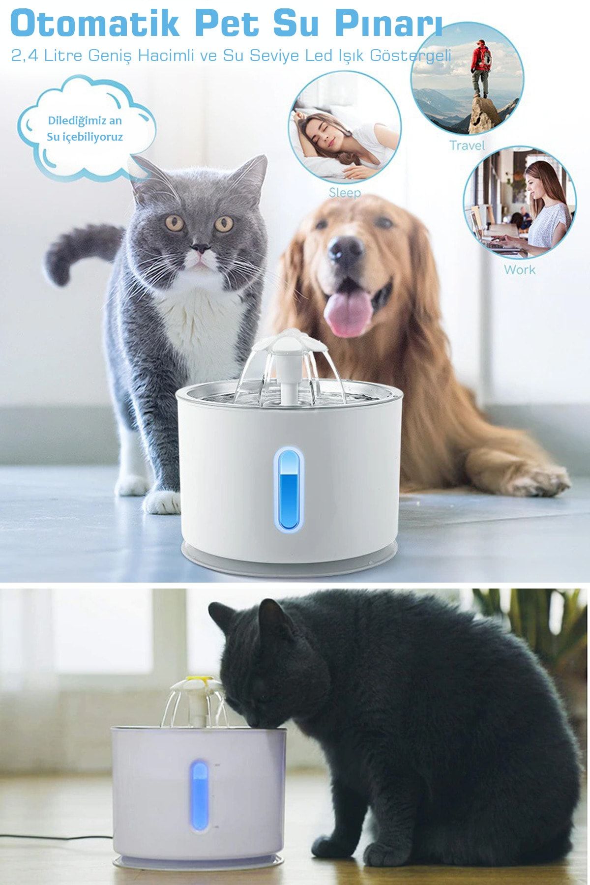 TechnoSmart Kedi Köpek Su Çeşmesi Su Pınarı Kabı Led Işık Göstergeli