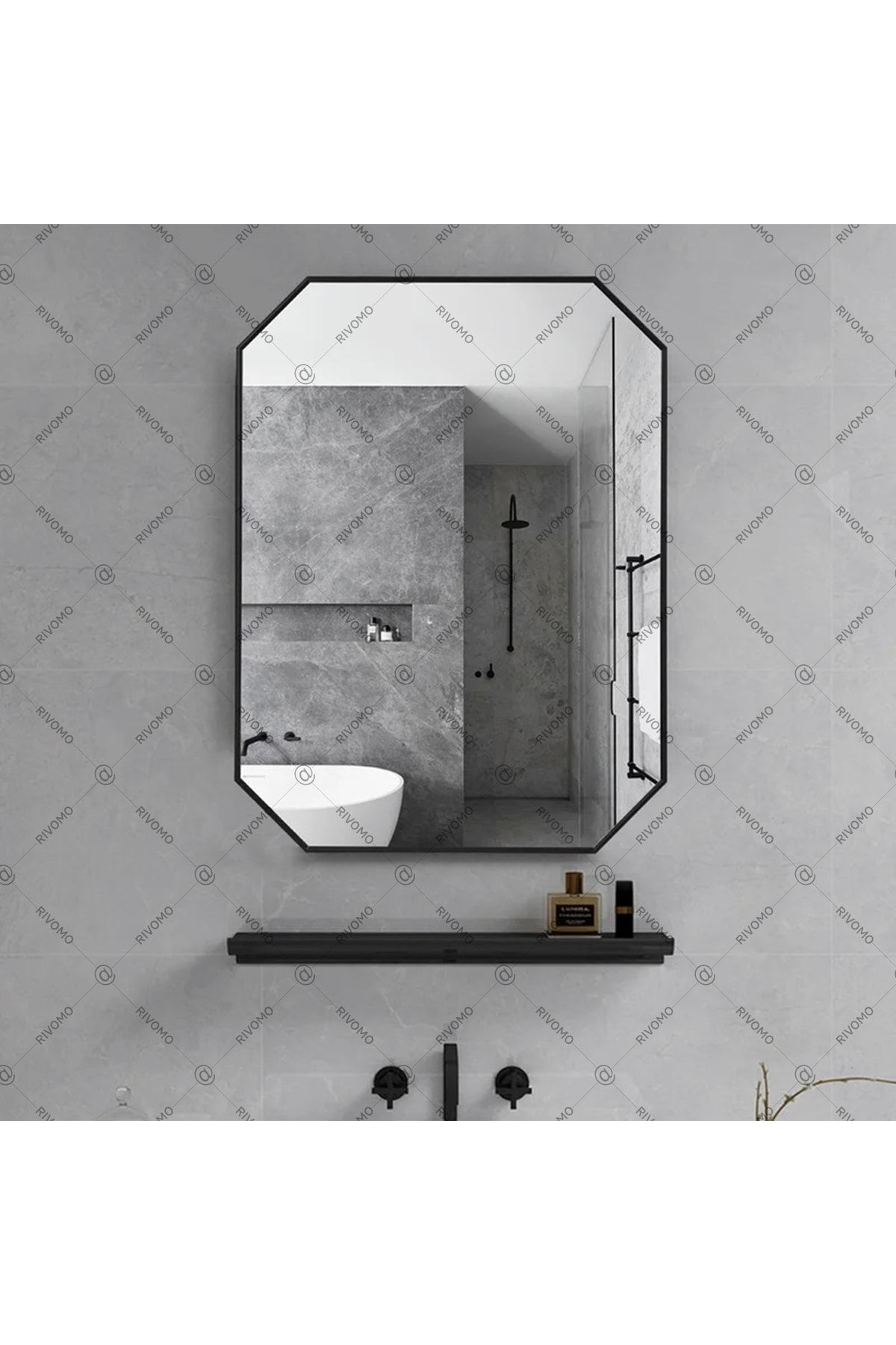 rivomo Siyah 65x45 Dekoratif Sekizgen Banyo Aynası