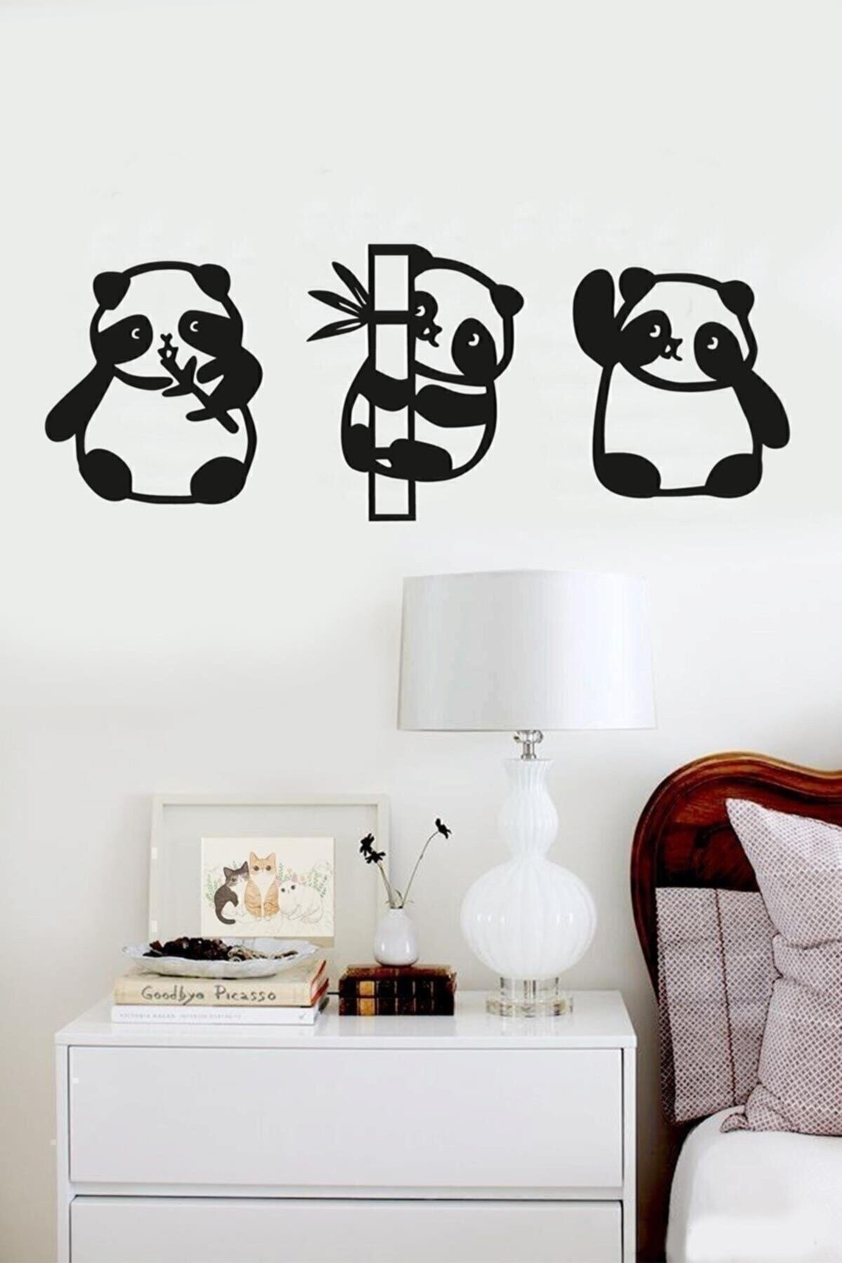 MODAT Panda 3lü Duvar Dekoru Siyah Ahşap Lazer Tablo
