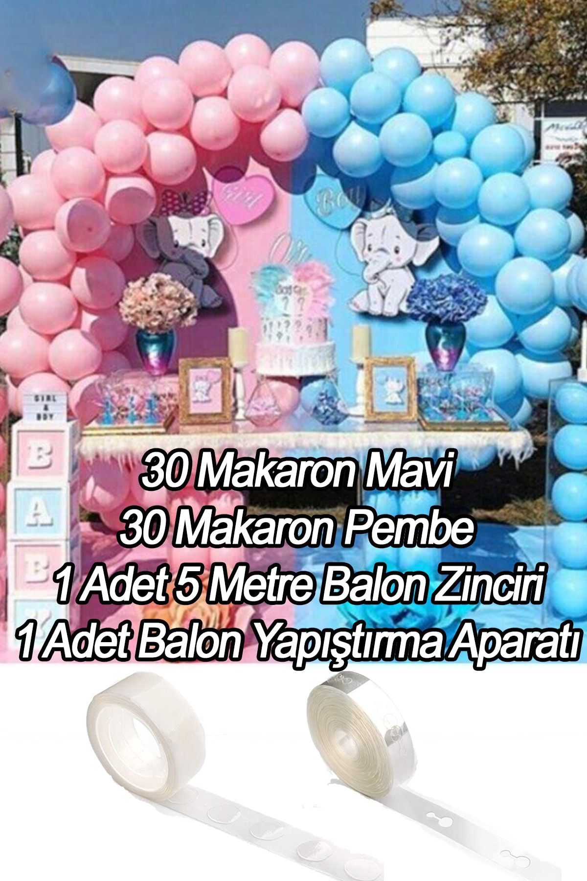 Parti Dolabı Cinsiyet Partisi Balon Zinciri Süsleme (30 Makaron Mavi, 30 Pembe Balon, Balon Yapıştırma + Zincir)