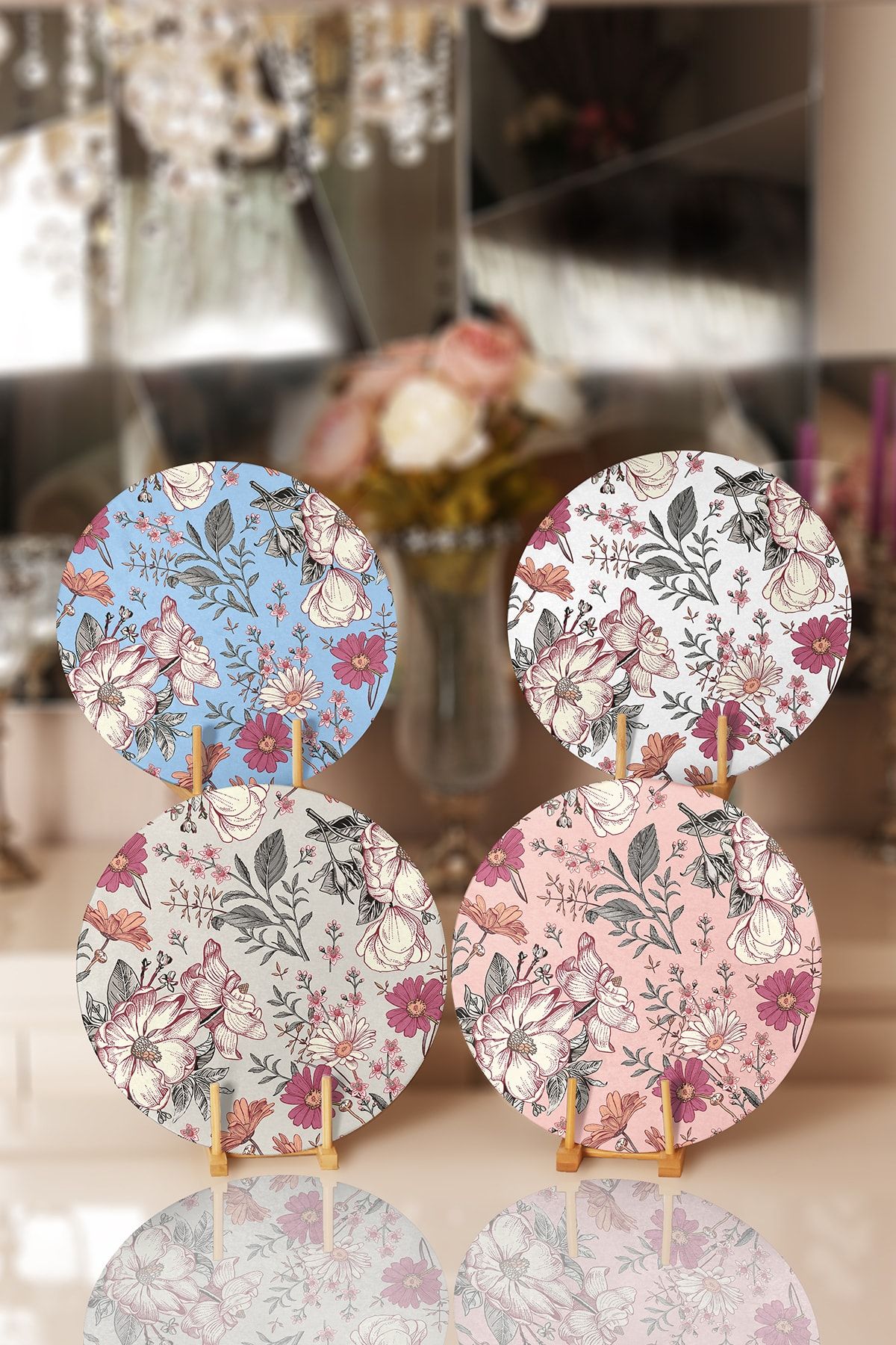 Realhomes 4'lü Pastel Zemin Kurumuş Çiçek Çizimli Servis Altlığı & Supla