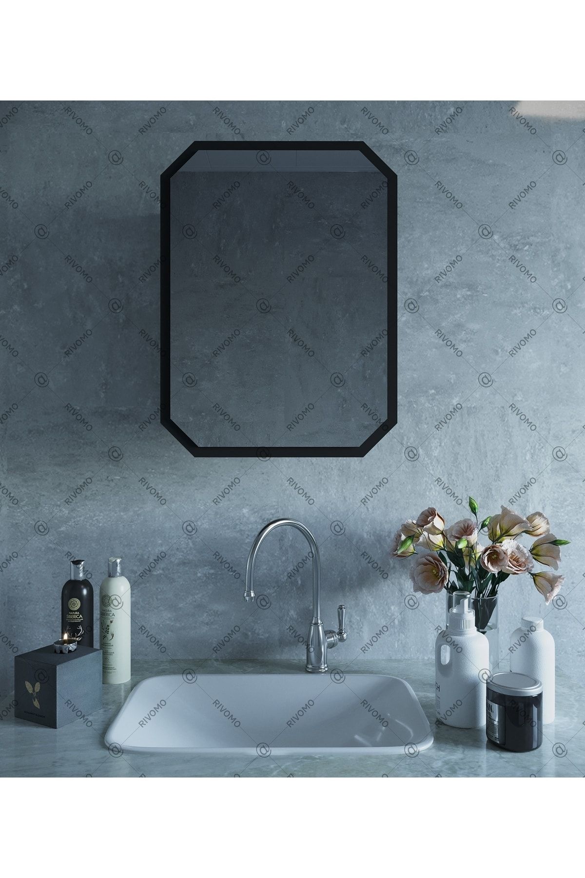 rivomo Siyah Sekizgen Dekoratif Banyo Dolabı Aynalı Üst Modülü