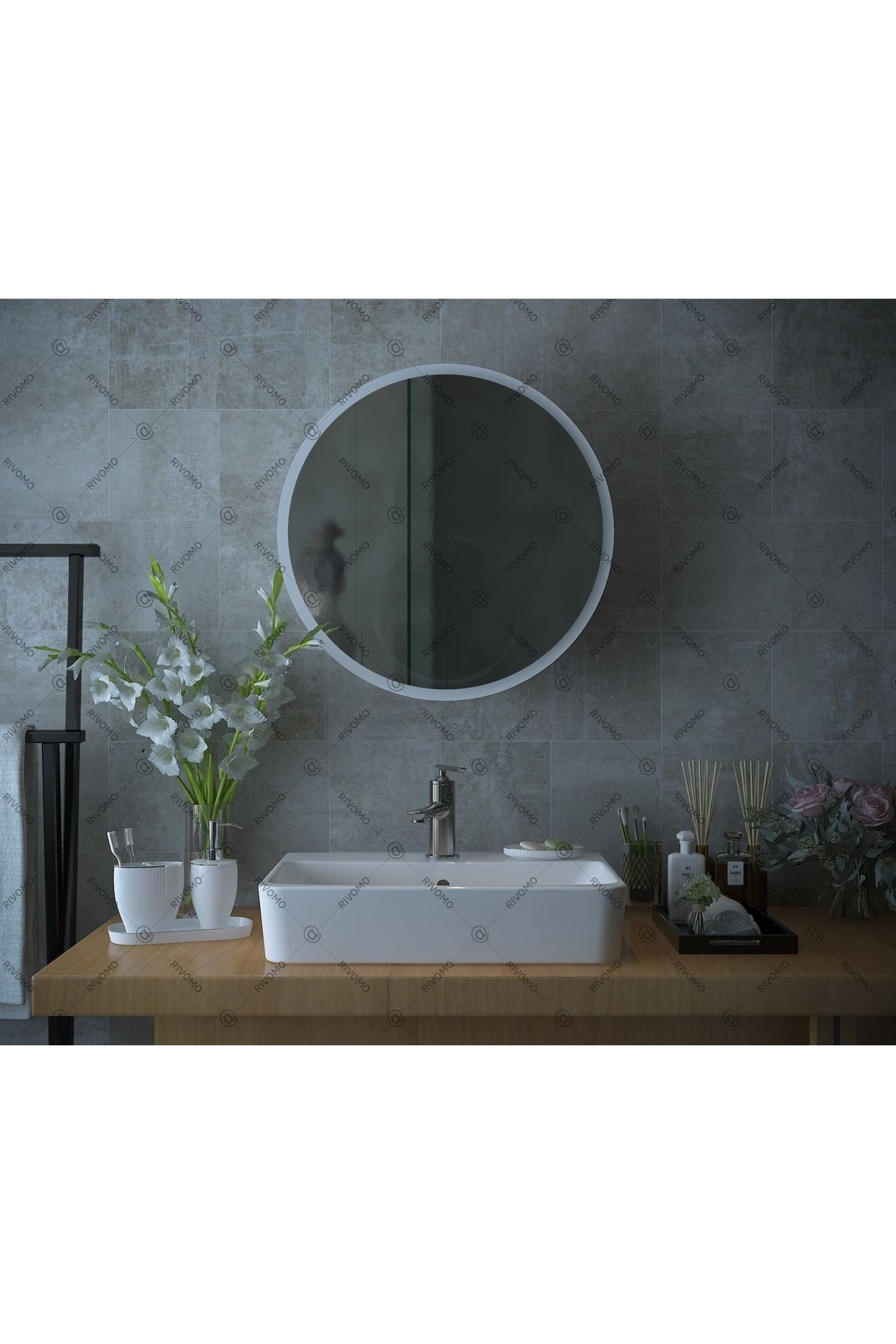 rivomo Beyaz Dekoratif Banyo Dolabı Aynalı Üst Modülü