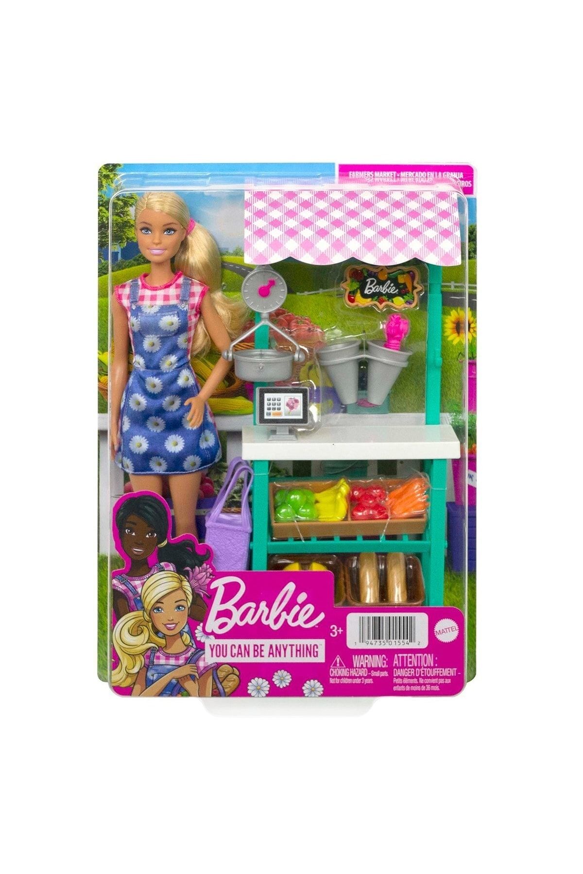 Barbie Çiftçi Pazarı Oyun Seti, Sarışın Bebek, Pazar Tezgahı, Kasa, Sebzeler, Ekmek, Peynir V