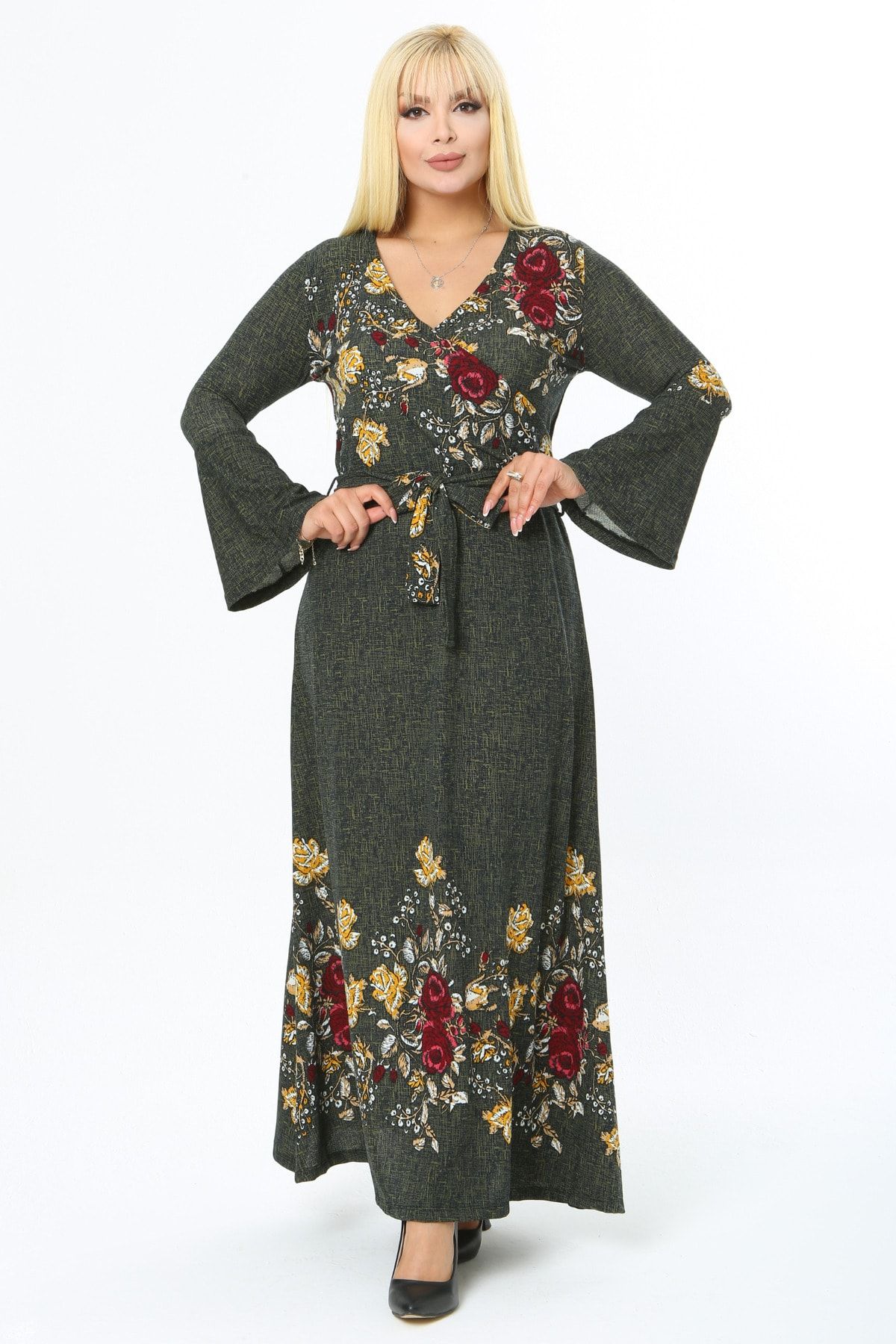 MAYAXL Kadın Kruvaze Yaka Krep Çiçek Desenli Yeşil Büyük Beden Elbise