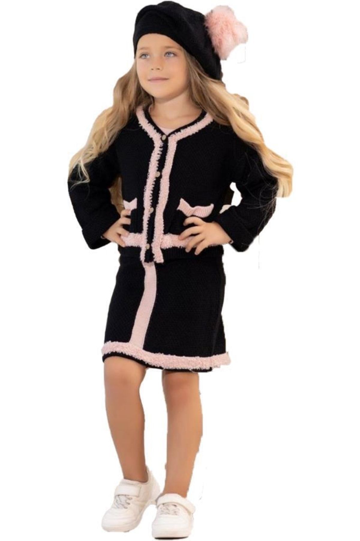 Riccotarz Kız Çocuk Ponpon Bereli Siyah Triko Etekli Takım