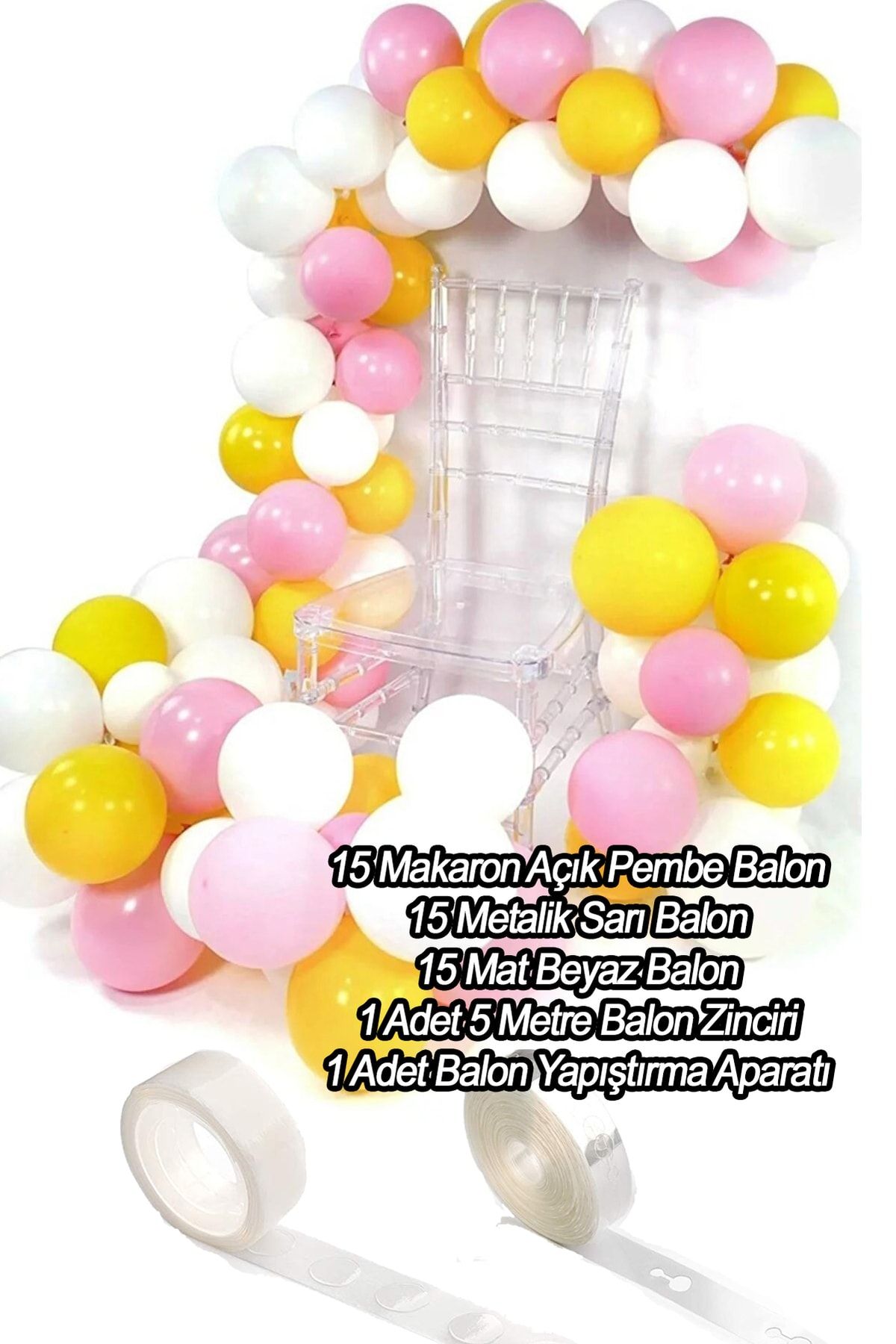 Parti Dolabı 45li Balon Zinciri: (15 Metalik Sarı, 15 Makaron Pembe, 15 Mat Beyaz Balon, Zincir, Yapışkan)