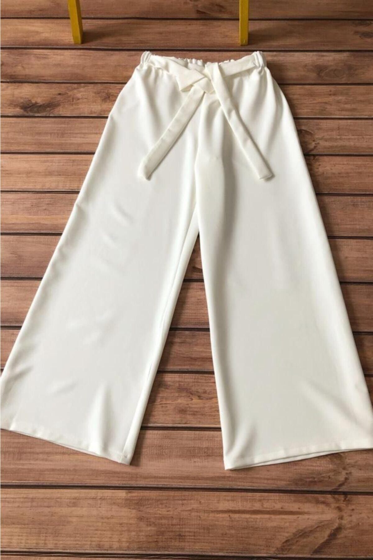 Allmıss Kadın Belden Lastikli Ve Kuşaklı Krep Bol Pantolon Beyaz