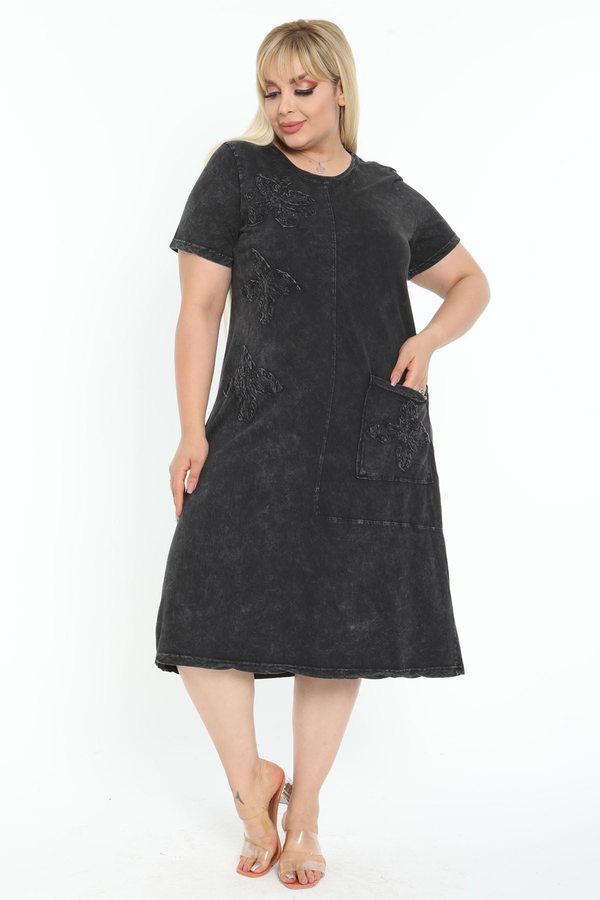 Mooi XXL Kadın Yıkamalı Siyah Otantik Aplikeli Büyük Beden Elbise