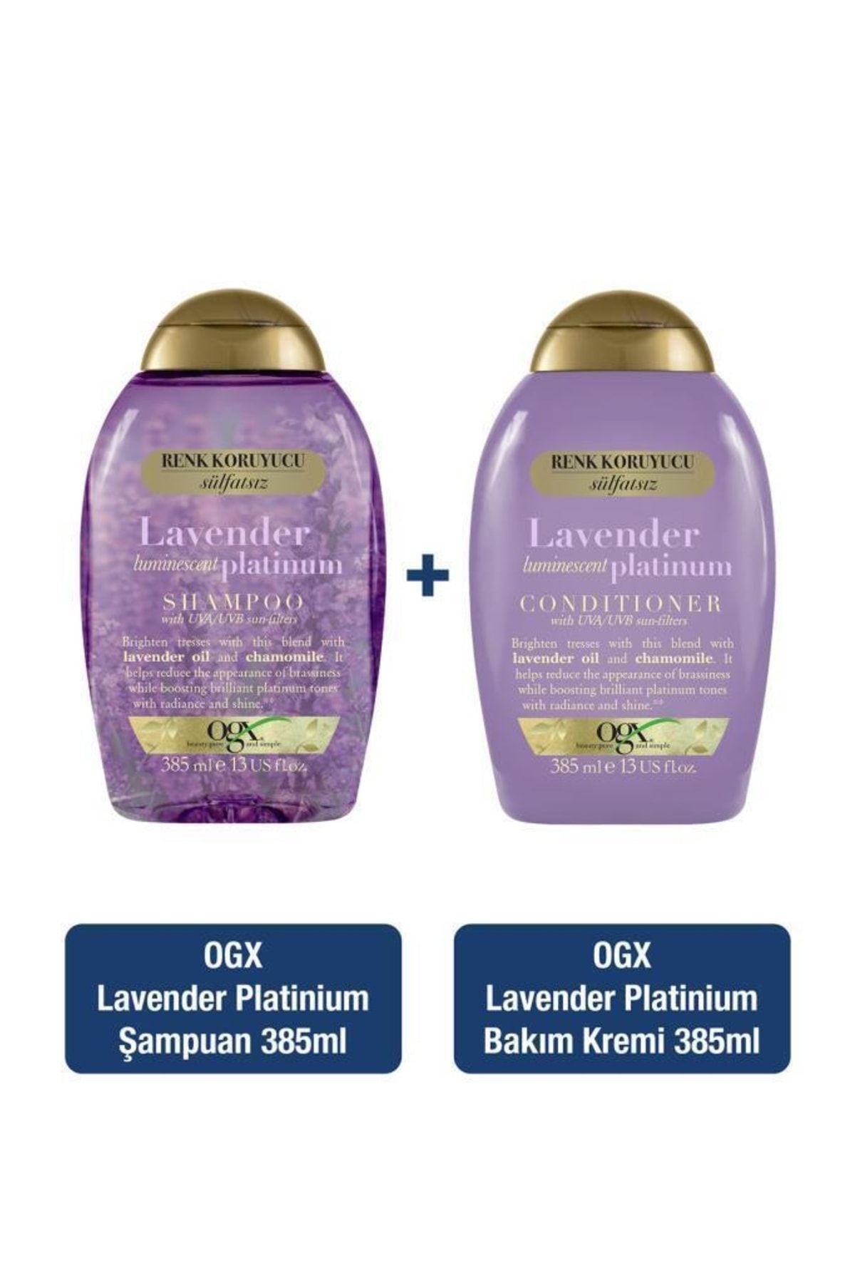 OGX Sarı Saçlar için Renk Koruyucu Lavender Platinum Sülfatsız Şampuan 385 ml + Bakım Kremi