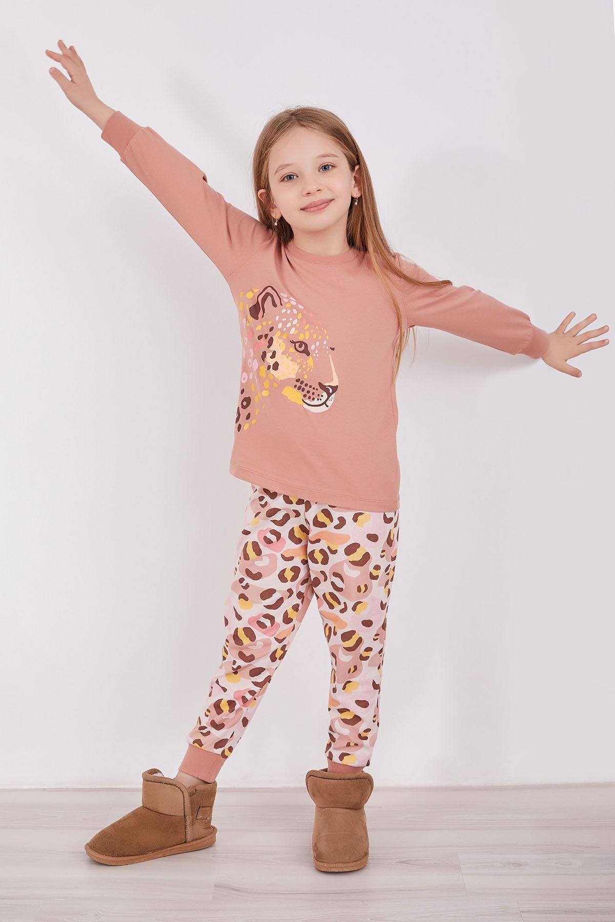 Rolypoly Rolypoly Leopard Pembe Kız Çocuk Uzun Kol Pijama Takım
