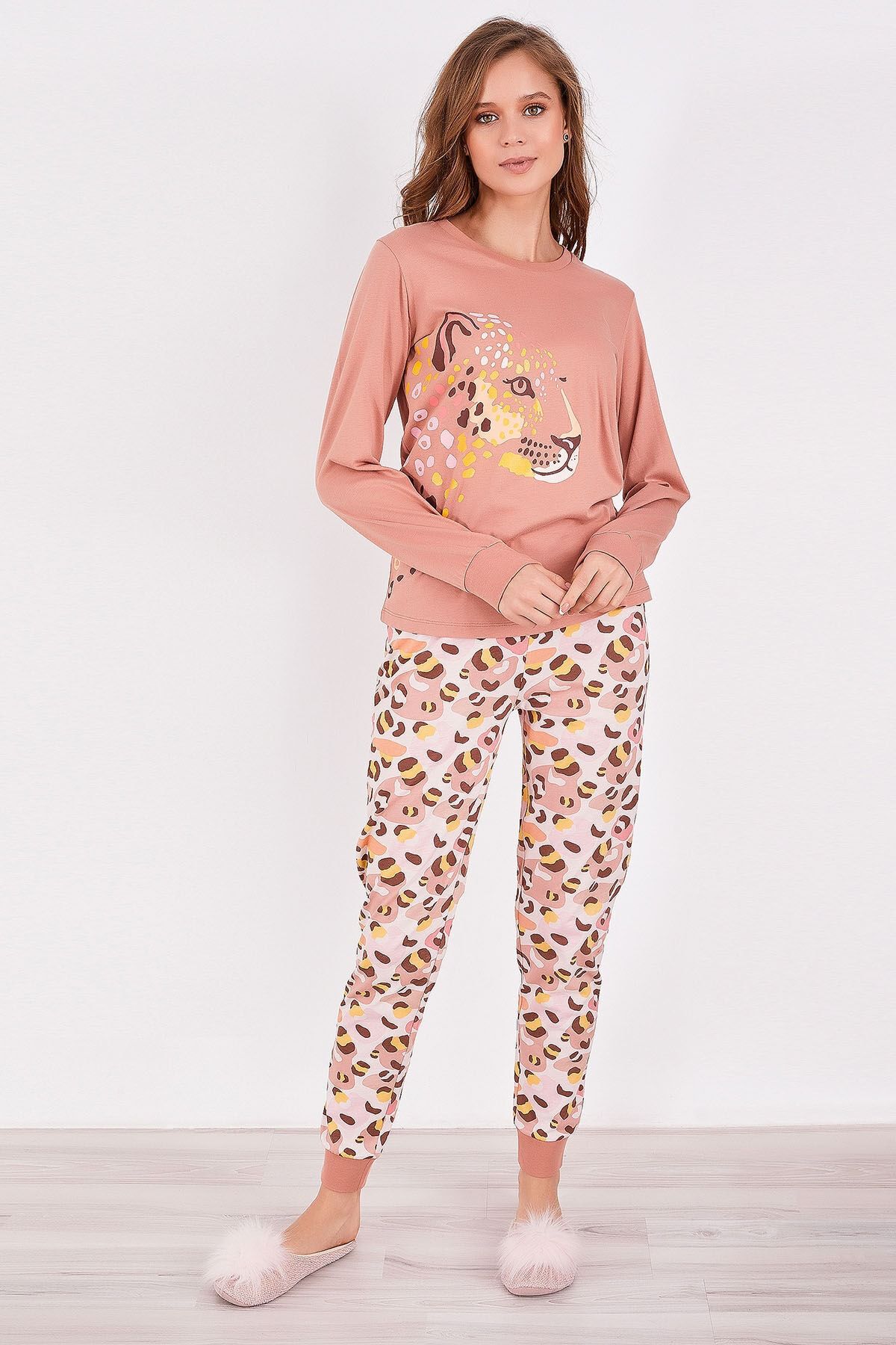 Rolypoly Leopard Pembe Kadın Uzun Kol Pijama Takım