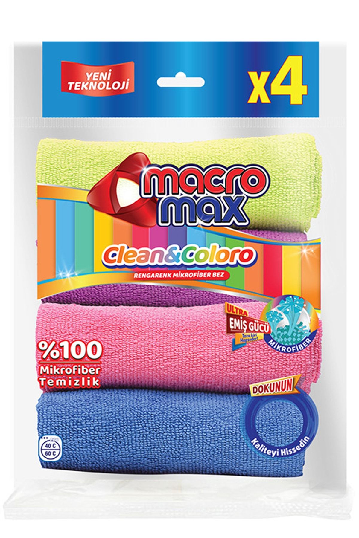 MACROMAX 4'lü Clean&Coloro Mutfak ve Banyo Mikrofiber Temizlik Bezi