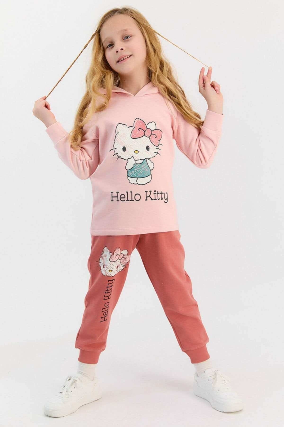 Hello Kitty Lisanslı Şeker Pembe Kız Çocuk Kapüşonlu Eşofman Takımı