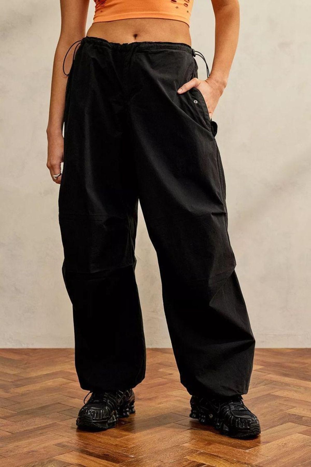 Gofeel Unisex Siyah Tactical Baggy Bol Kalıp Bel Lastikli Oversize Pantolon