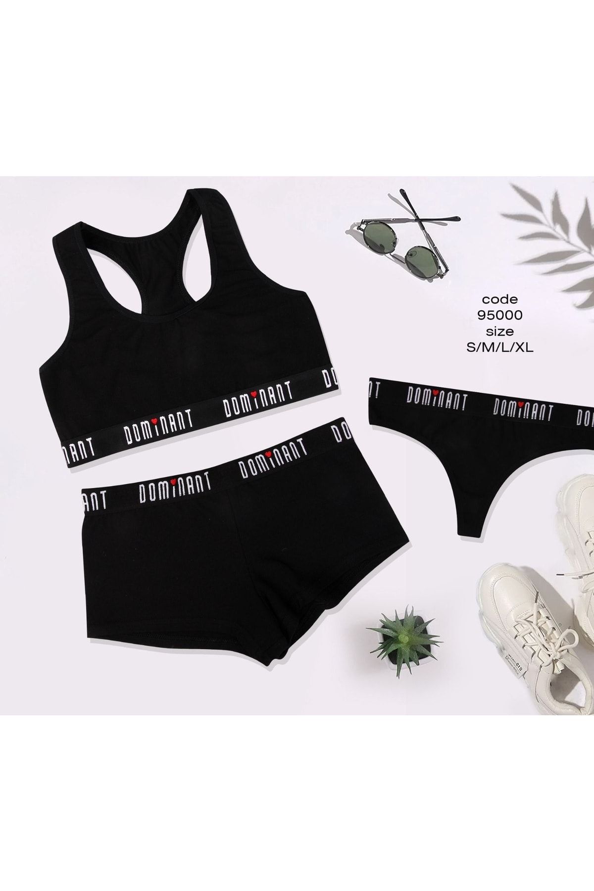 Dominant Kadın Siyah 3'lü Spor Iç Çamaşır Seti; Büstiyer, Şort, String