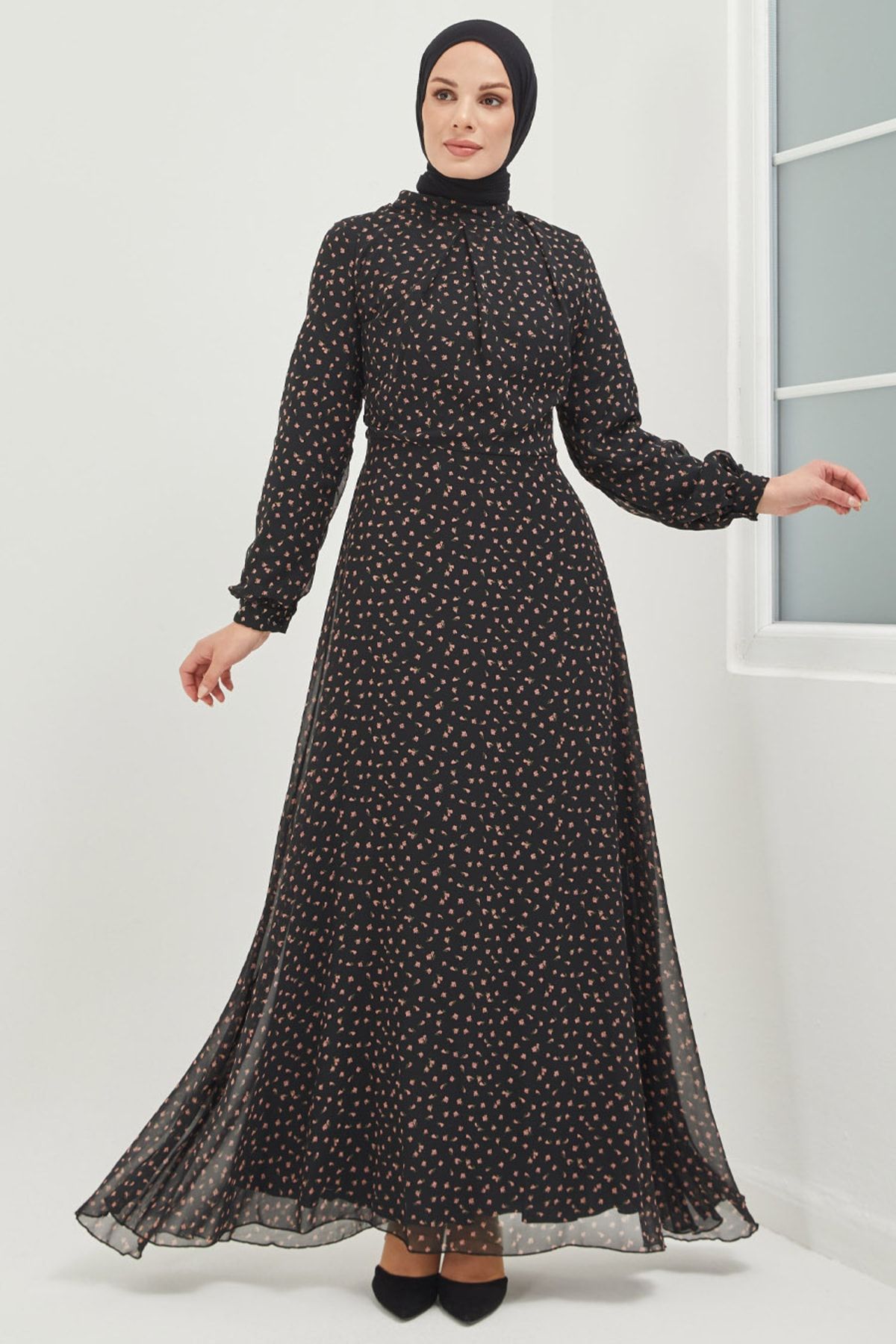 Feiza Collection Desenli Tesettür Elbise - Siyah