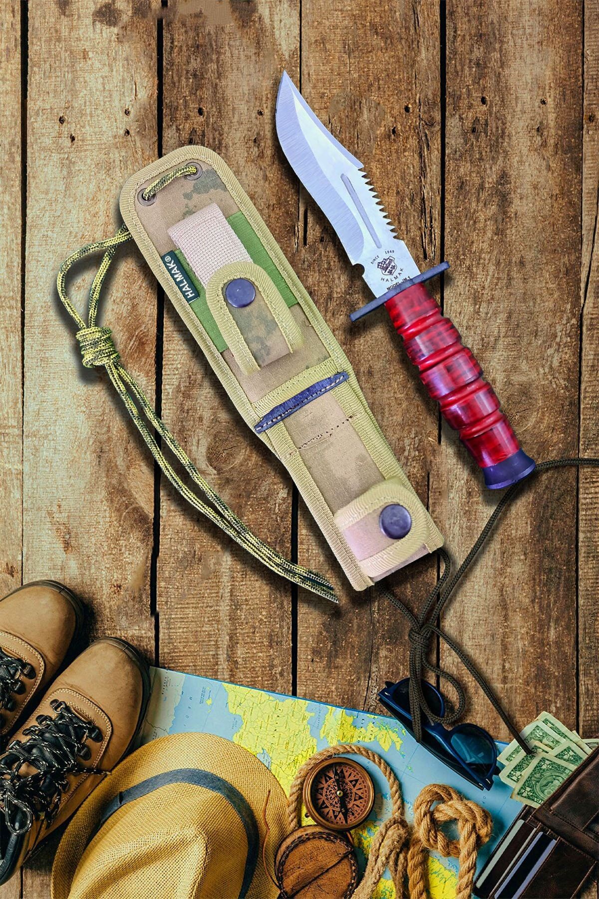 Halmak Outdoor Bıçak Mutfak Bıçak Komando Rambo Kamp Av Bıçak Çakı Kılıflı (25 Cm)