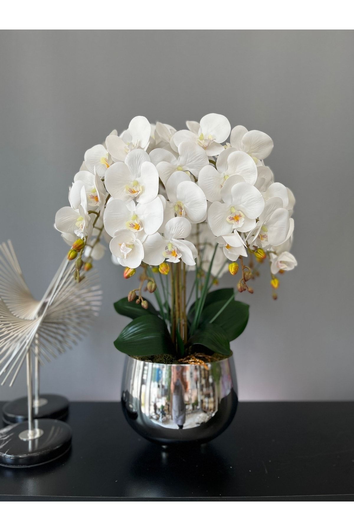 LİLOTEHOME 5 Dal Islak Lateks Dokulu Orkide Aranjman Japon Model Gümüş Renk Saksı