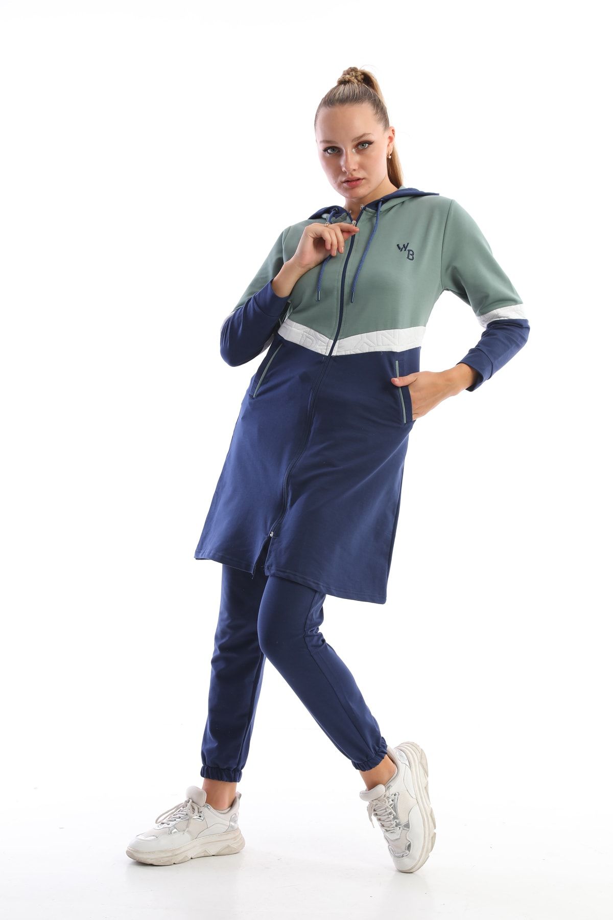westbound Mint Lacivert Giyim Uzun Eşofman Takımı 3 Renk Şeritli Cepli Kapüşonlu