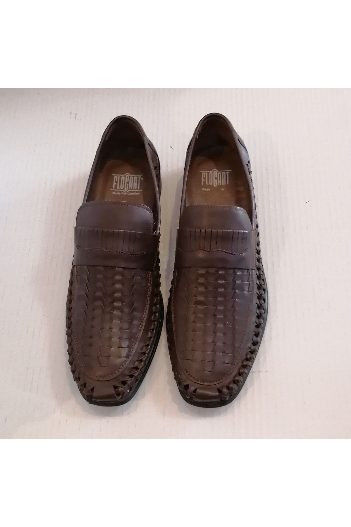 Flogart Unisex Hakiki Deri Kahve El Örme Bantlı Astarsız Yumuşak Ince Kauçuk Tabanlı Loafer