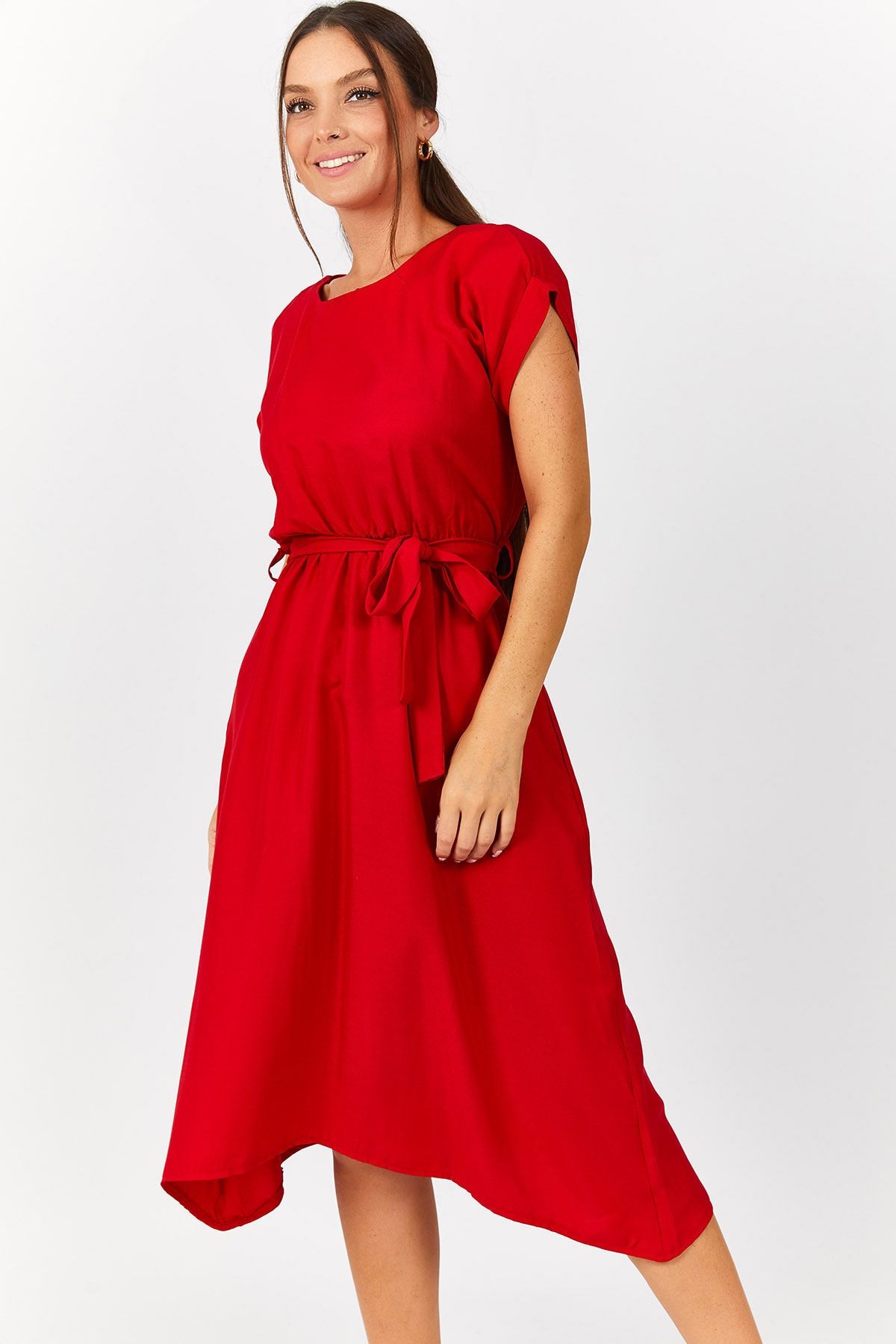 armonika Kadın Kırmızı Beli Lastikli Bağlamalı Elbise ARM-18Y001120