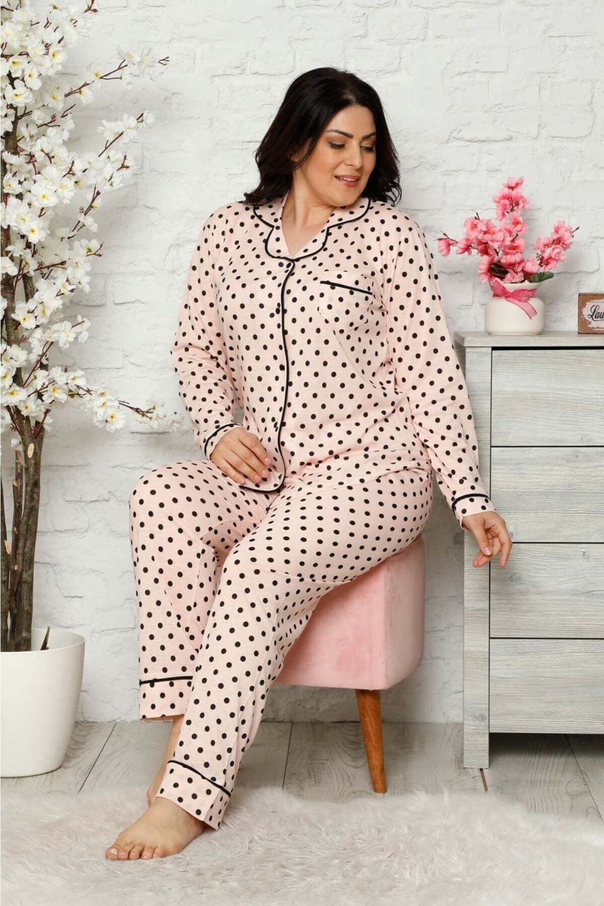 Mossta Kadın Pudra Düğmeli Battal Pijama Takımı
