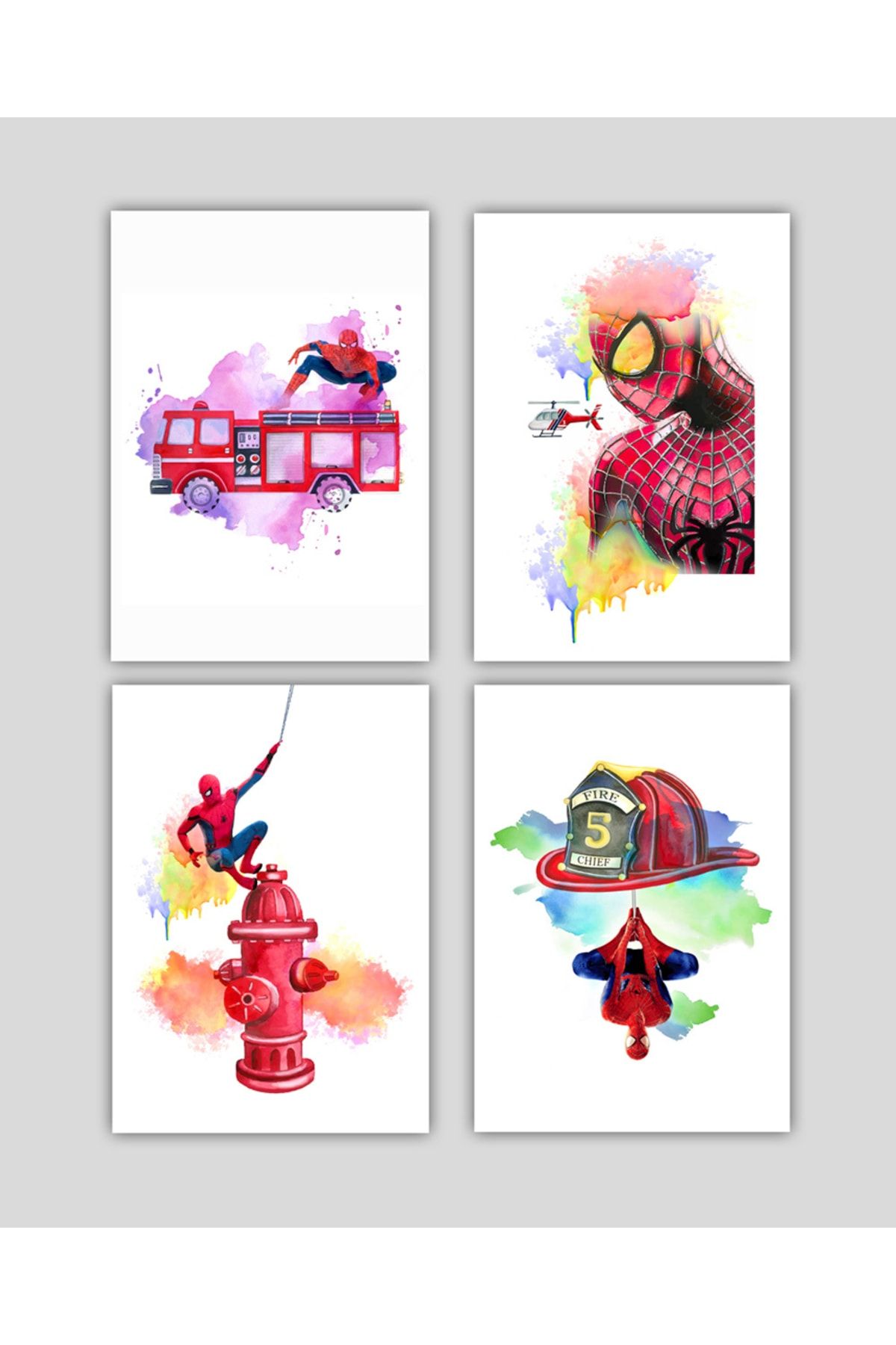 Bifabrika Poster Baskı, Spiderman,itfaiye , Çocuk Odası Suluboya Duvar Dekoru,4'lü Set 29.7 Cm X 21 Cm