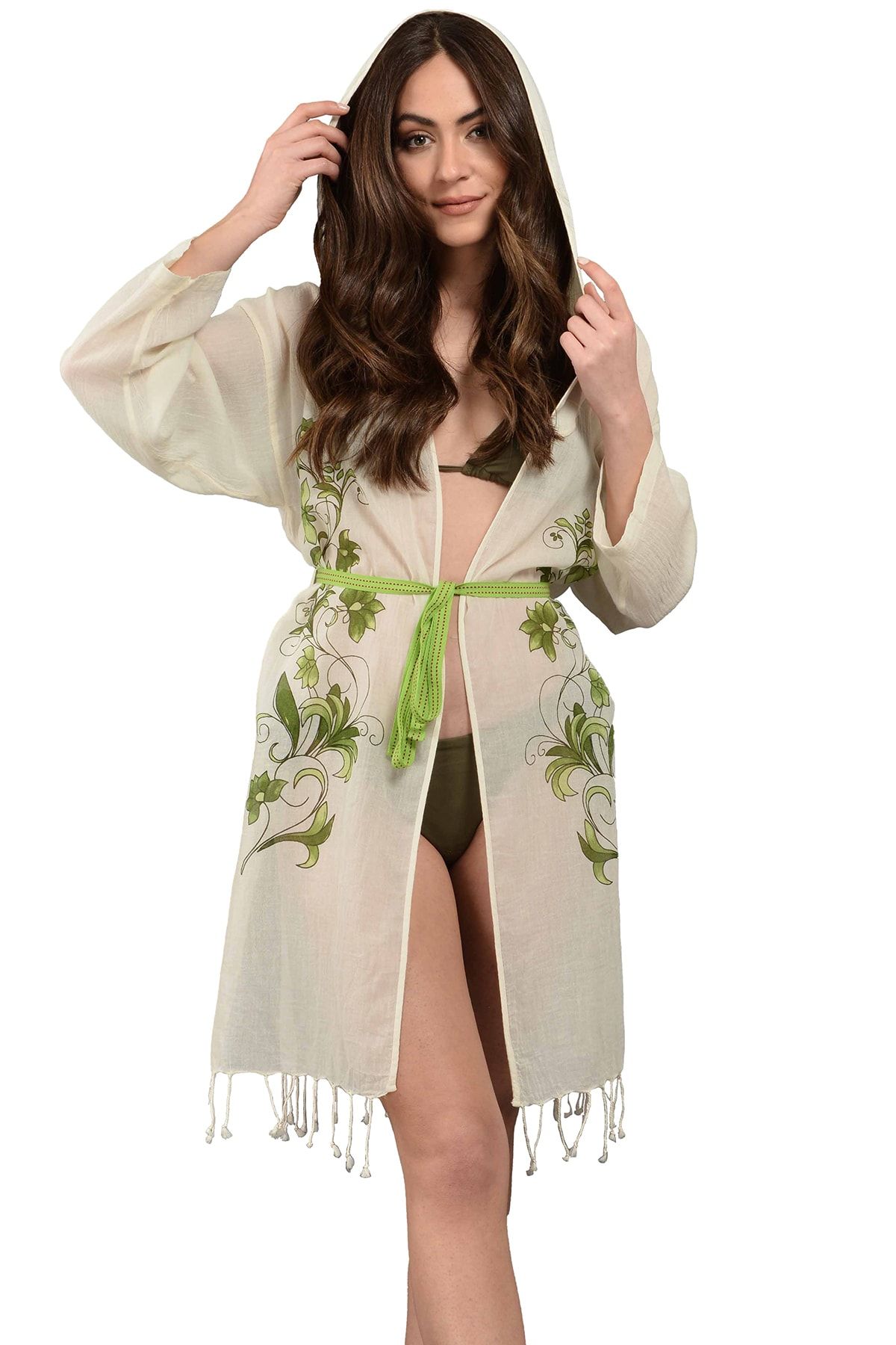 Dosimira Yeşil Çiçekli Desen Kapşonlu Kısa %100 Pamuk Pareo /kimono / Plaj Elbisesi