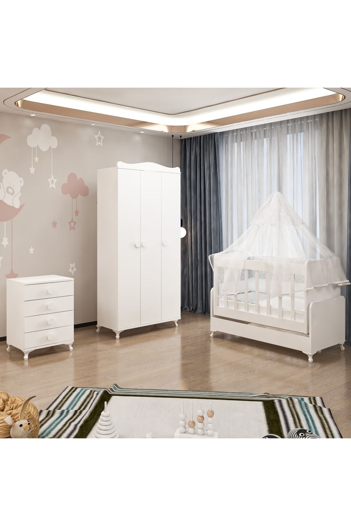 Garaj Home Dora 50x100 Yıldız 3lü Bebek Odası Beyaz Uyku Seti Kombinli-uyku Seti-krem