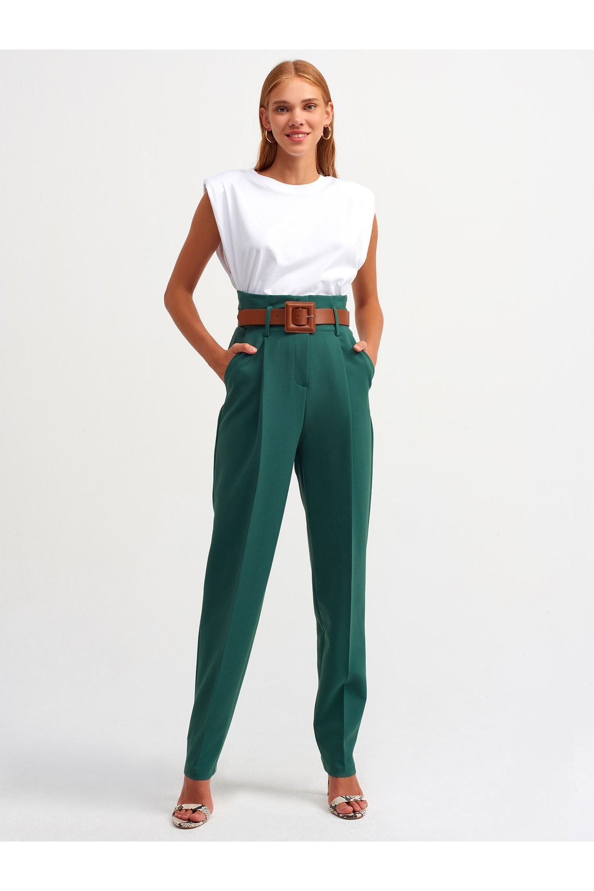 Dilvin Kadın  Kemerlil Yüksek Bel Pantolon-yeşil