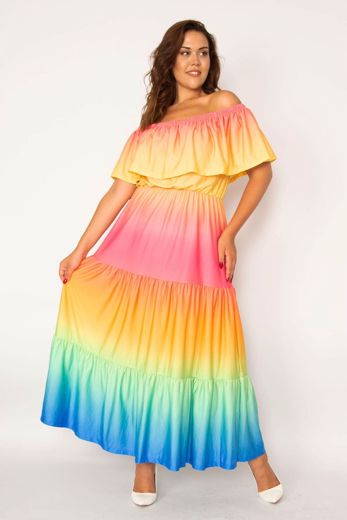 Şans Kadın Büyük Beden Renkli Karmen Yaka Renkli Uzun Elbise 65n34012