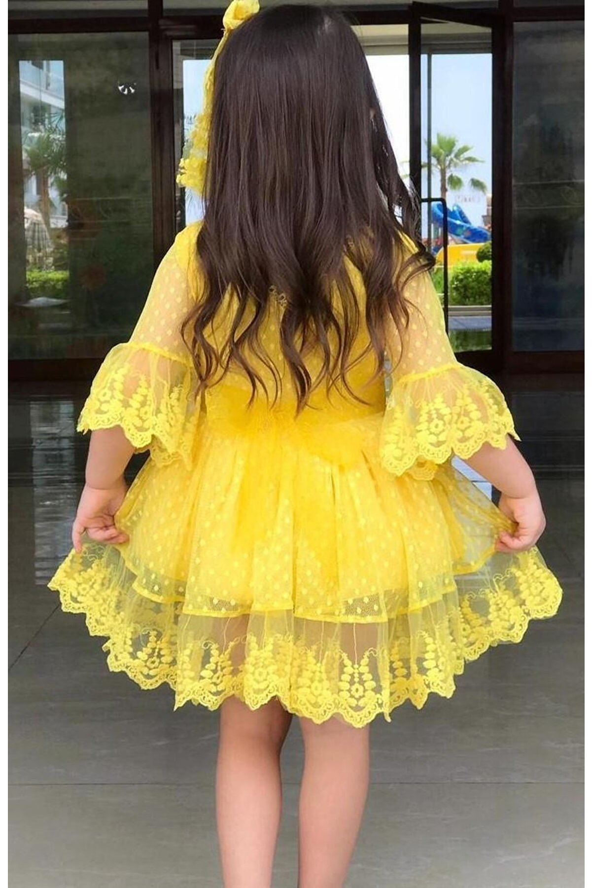 Riccotarz Kız Çocuk Prenses Güpürlü Sarı Elbise
