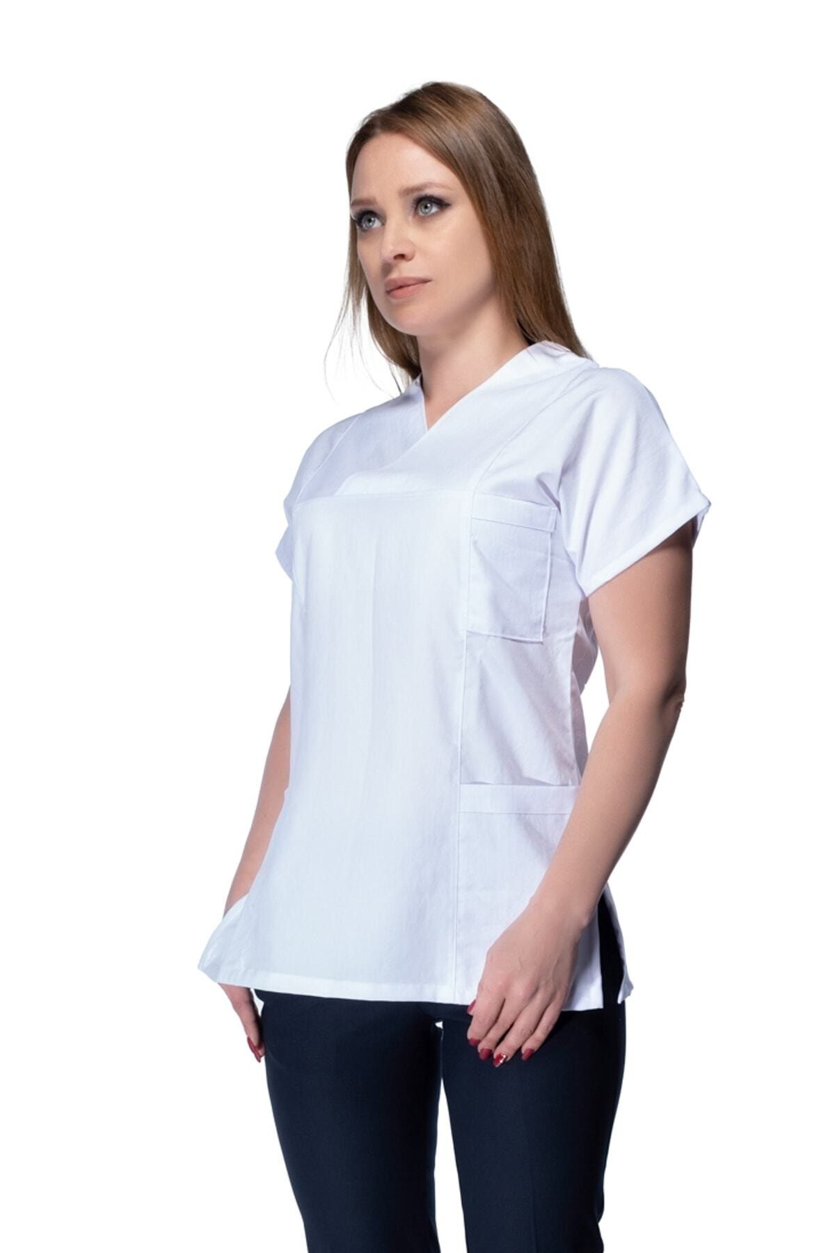 Tekbir Cerrahi Yaka Hemşire Gömleği (tek Üst)beyaz Kısa Kollu Hemşire Gömleği Doktor Göleği Önlüğü Alpaka