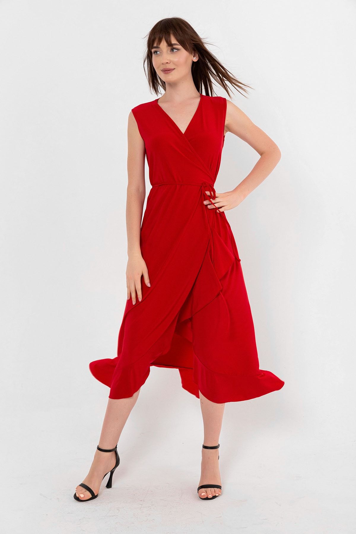 Laranor Kırmızı Etek Ucu Volanlı Kruvaze Bağcıklı Elbise