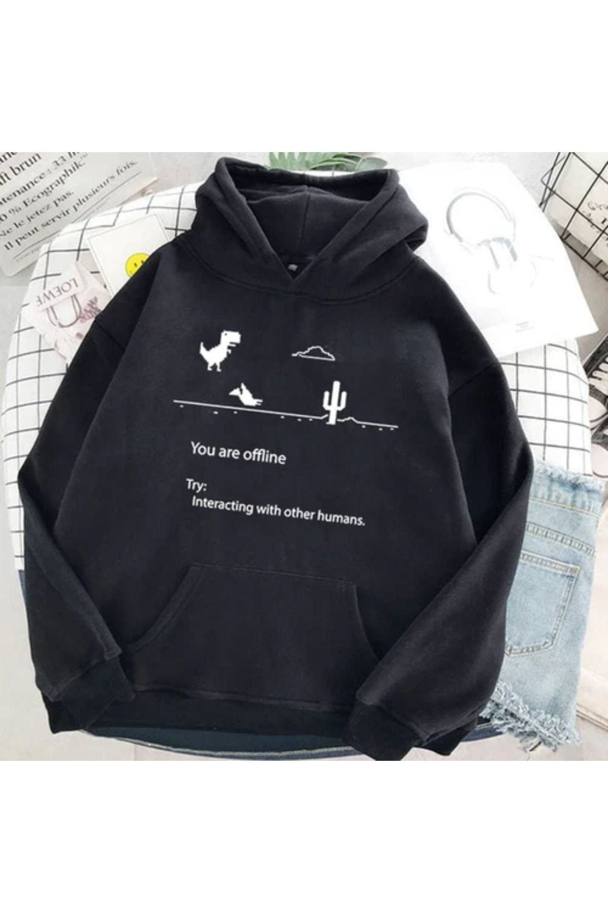 Black Sokak Blacksokak Erkek Siyah You Are Offline Baskılı Oversize Kapüşonlu Sweatshirt